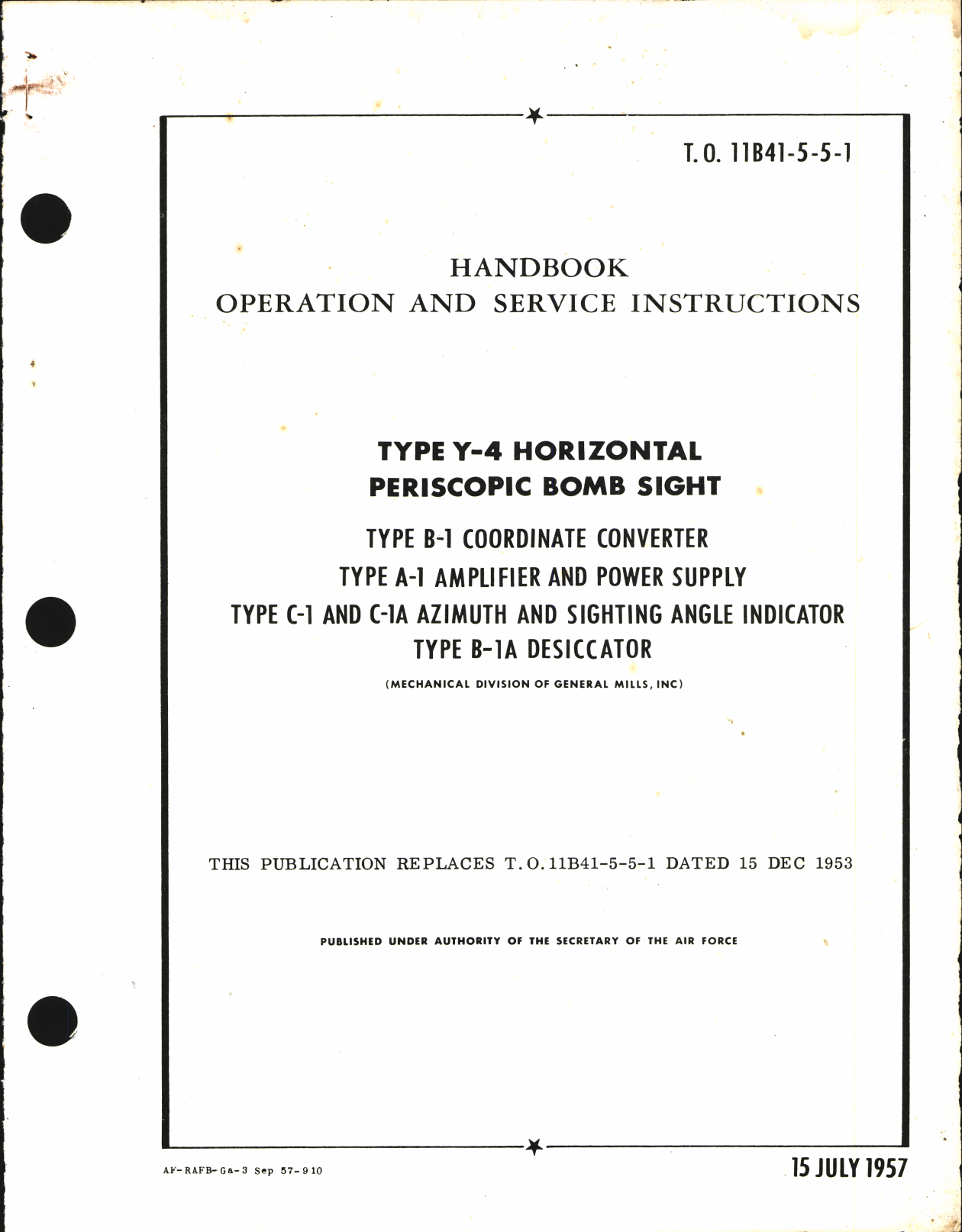 Sample page 1 from AirCorps Library document: Operation and Service Instructions for Type Y-4 Horizontal Periscopic Bombsight