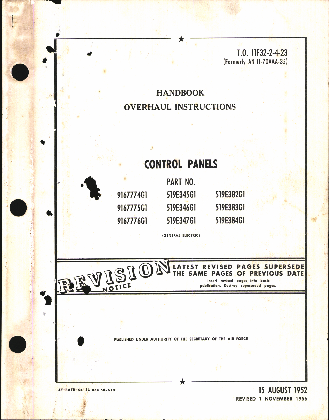 Sample page 1 from AirCorps Library document: Overhaul Instructions for General Electric Control Panels
