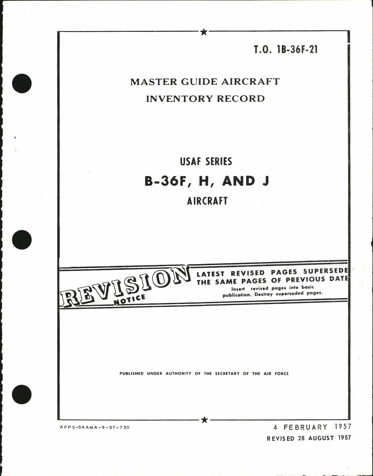 Sample page 1 from AirCorps Library document: Master Guide Aircraft Inventory Record for B-36F, H, and J Aircraft