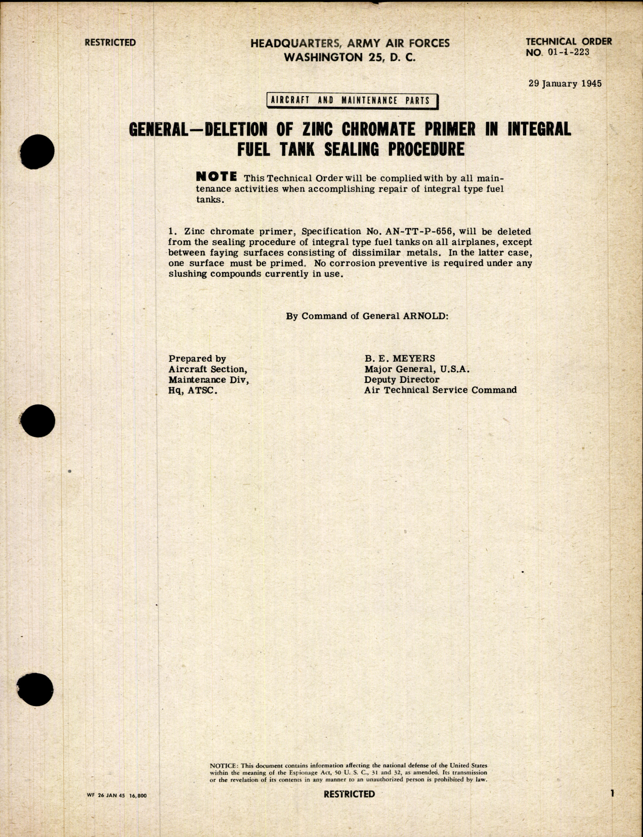 Sample page 1 from AirCorps Library document: Deletion of Zinc Chromate Primer in Integral Fuel Tank Sealing Procedure