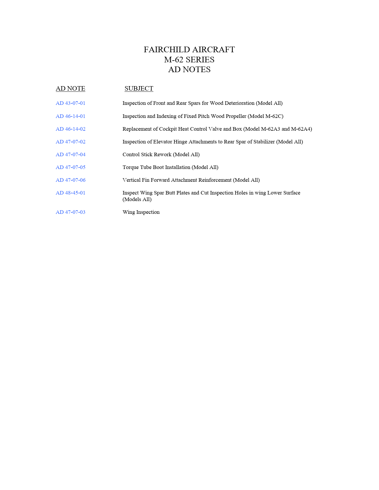 Sample page 1 from AirCorps Library document: Fairchild Aircraft M-62 Series Ad Notes