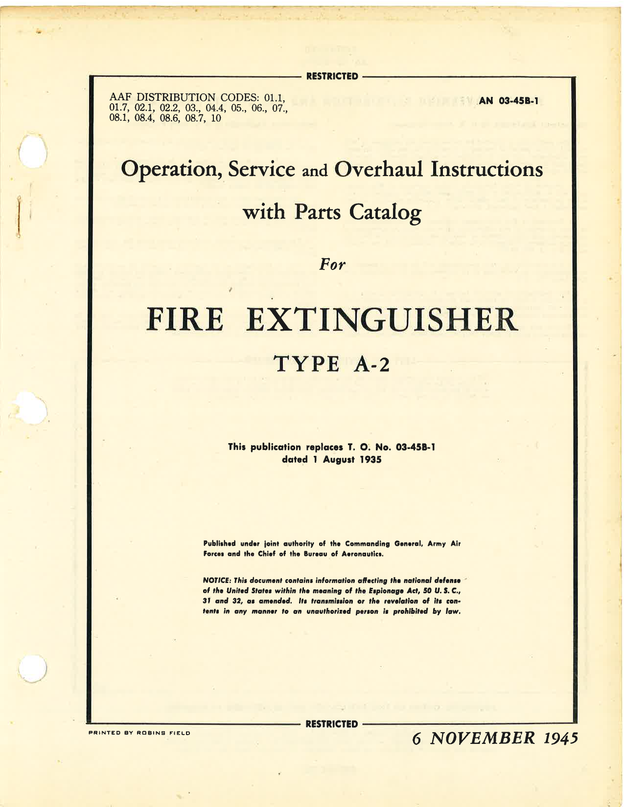 Sample page 1 from AirCorps Library document: Operation, Service, & Overhaul Instructions with Parts Catalog for Fire Extinguisher Type A-2