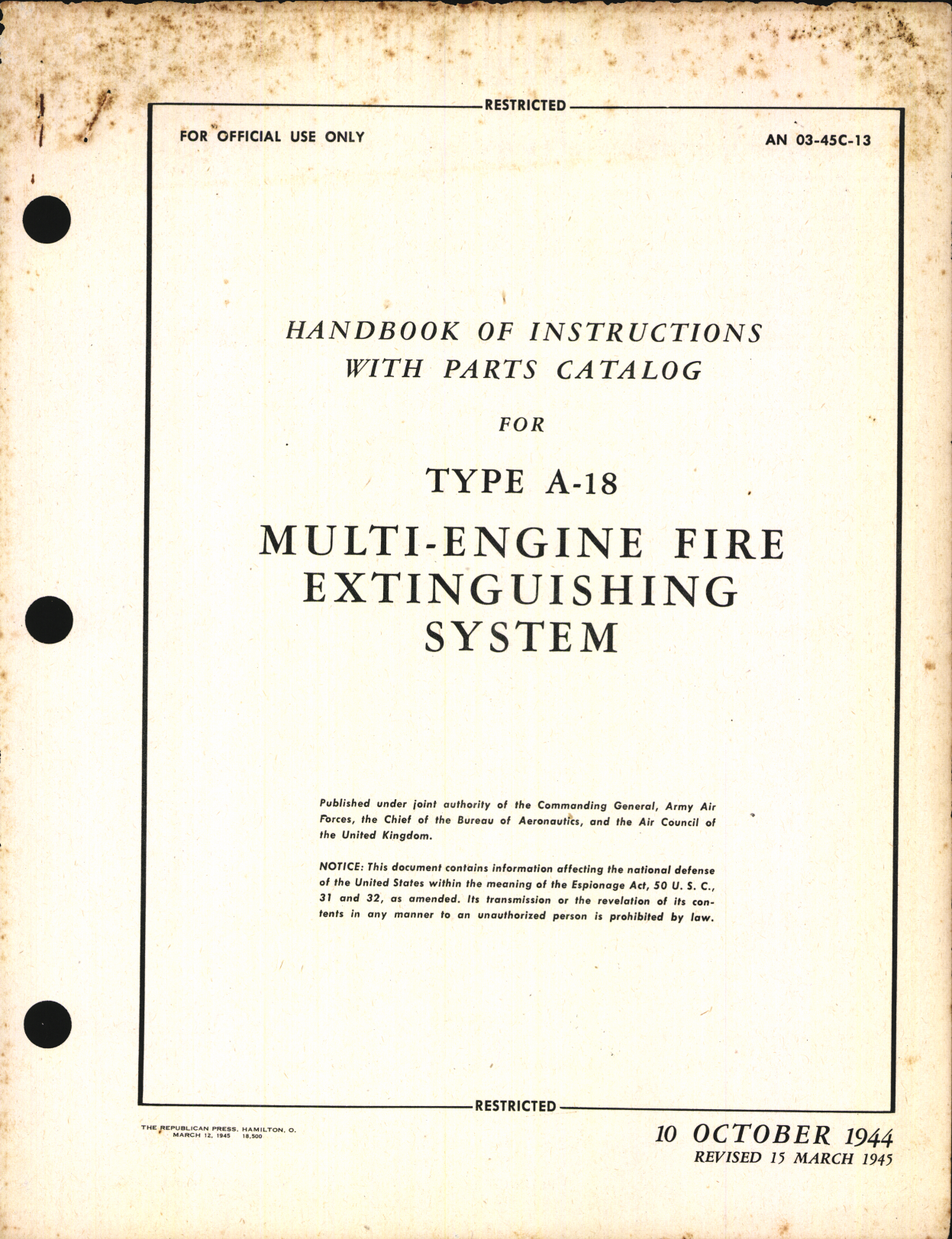 Sample page 1 from AirCorps Library document: Handbook of Instructions with Parts Catalog for A-18 Multi-Engine Fire Extinguishing System