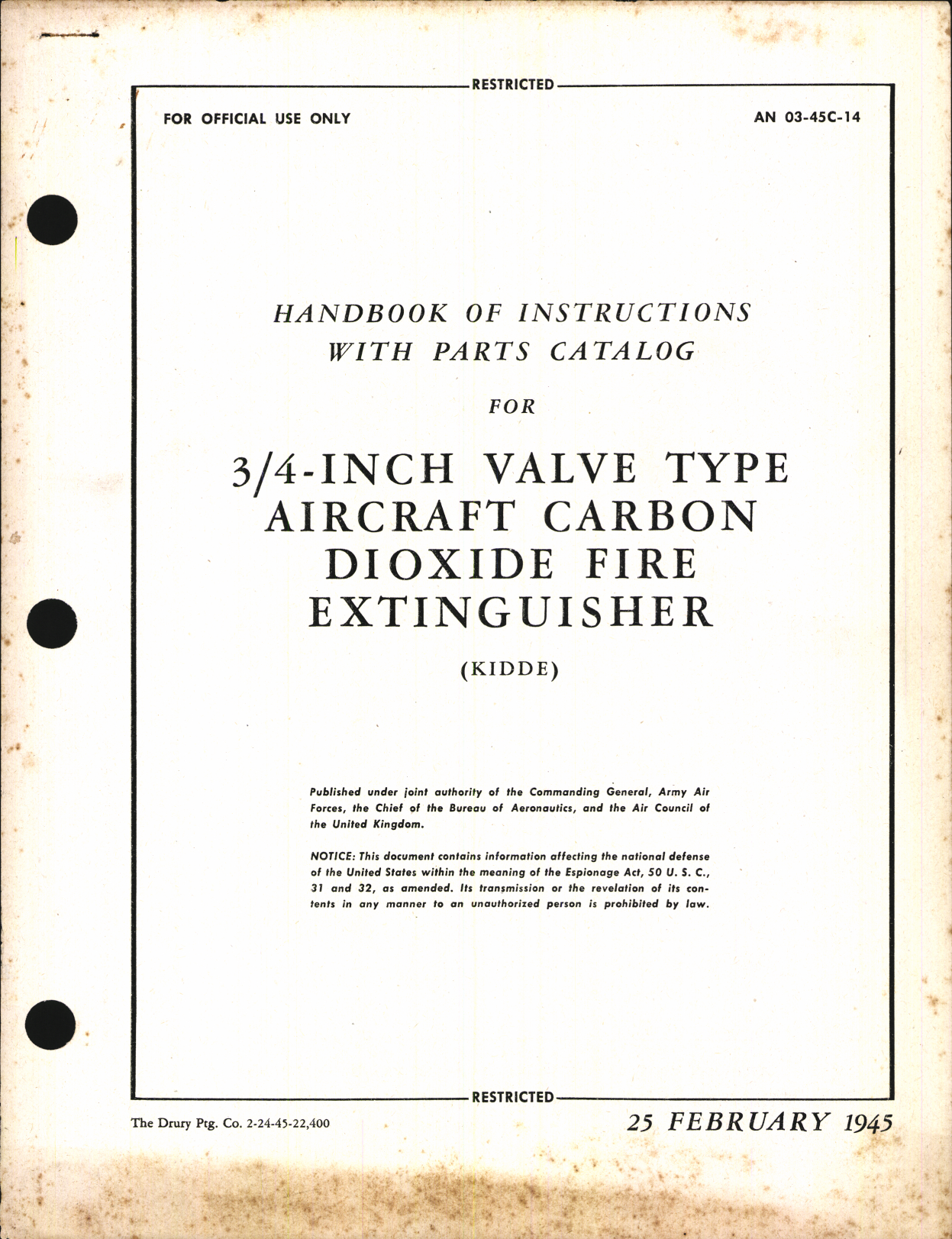 Sample page 1 from AirCorps Library document: Handbook of Instructions with Parts Catalog for 3/4 Inch Valve Type Aircraft Carbon Dioxide Fire Extinguisher