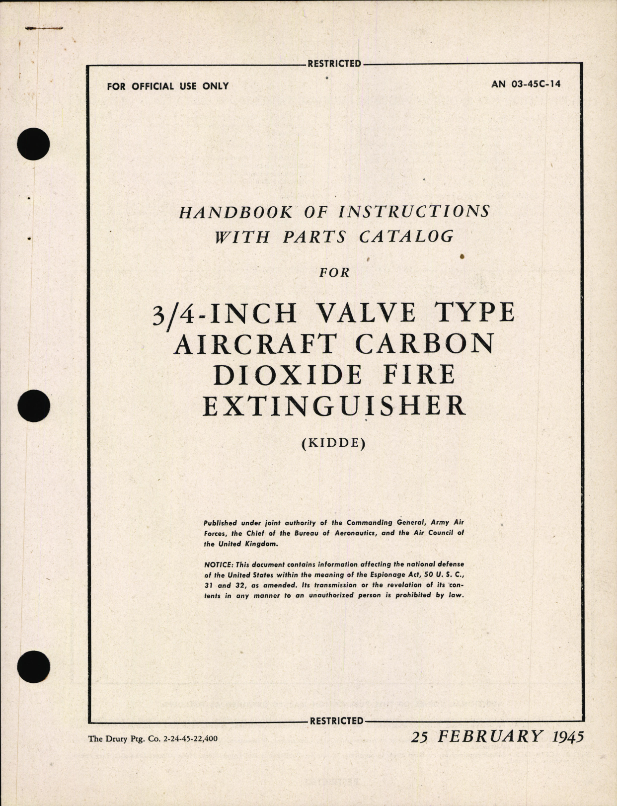 Sample page 1 from AirCorps Library document: Handbook of Instructions with Parts Catalog for 3/4 Inch Valve Type Aircraft Carbon Dioxide Fire Extinguisher