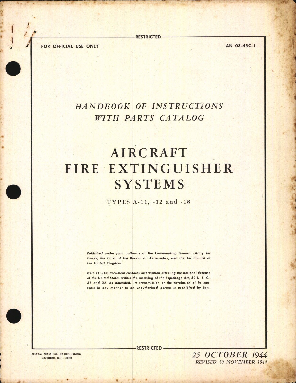 Sample page 1 from AirCorps Library document: Handbook of Instructions with Parts Catalog for Aircraft Fire Extinguisher Systems A-11, -12, and -18