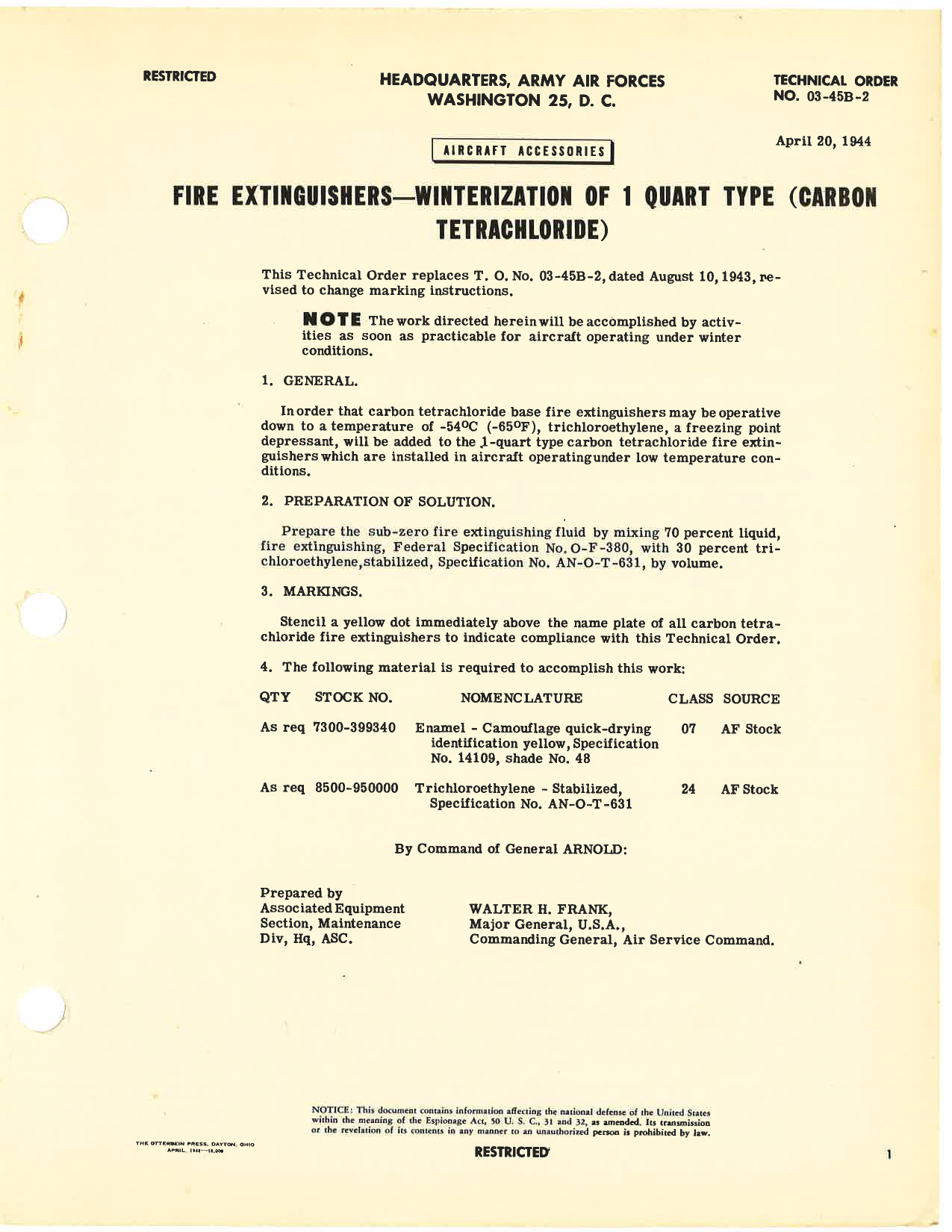 Sample page 1 from AirCorps Library document: Winterization of 1 Quart Type Fire Extinguishers (Carbon Tetrachloride)