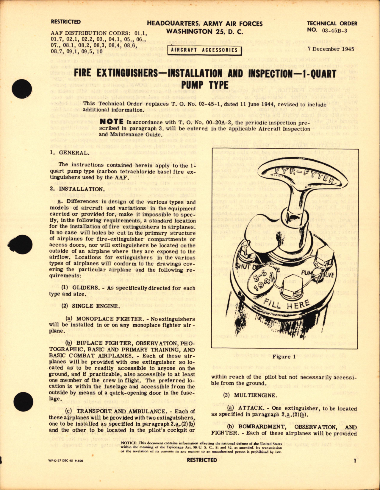 Sample page 1 from AirCorps Library document: Installation of Inspection of 1 Quart Pump Type Fire Extinguishers