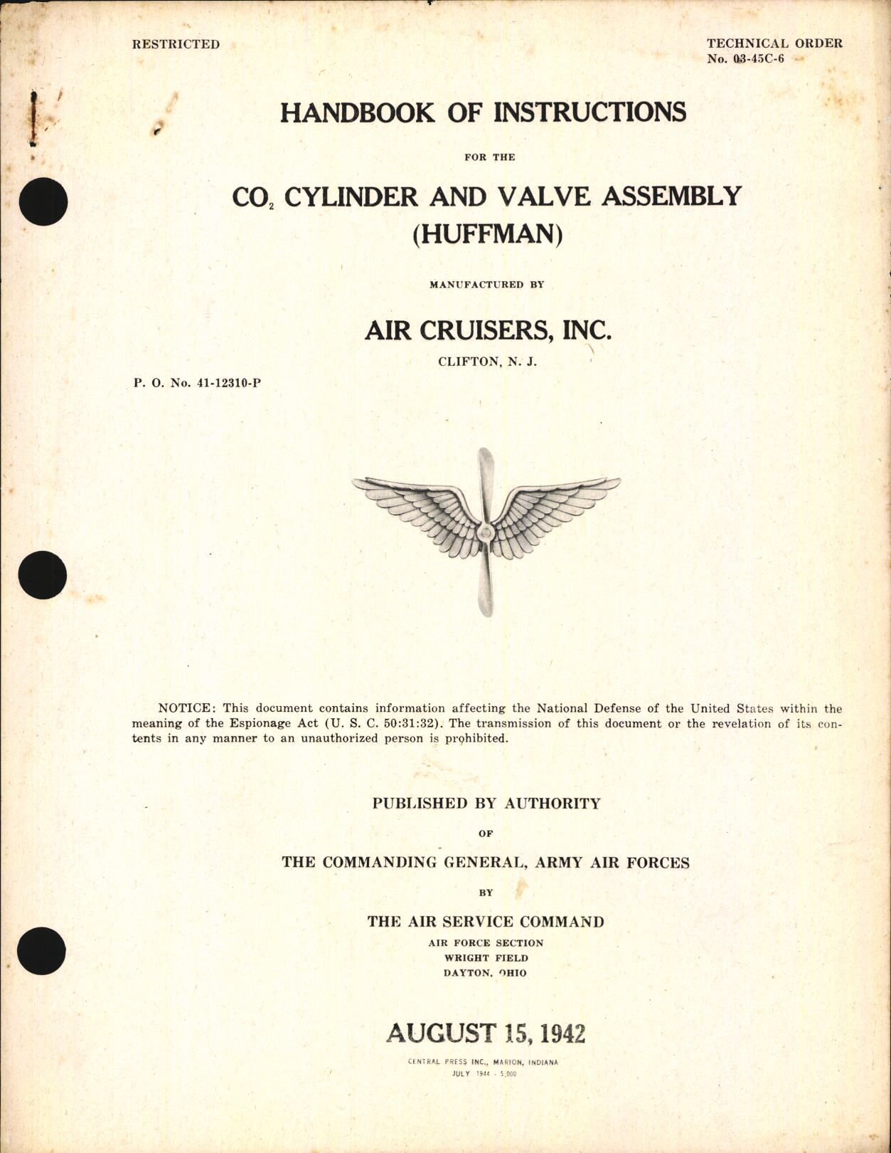 Sample page 1 from AirCorps Library document: Handbook of Instructions for Huffman CO2 Cylinder and Valve Assembly