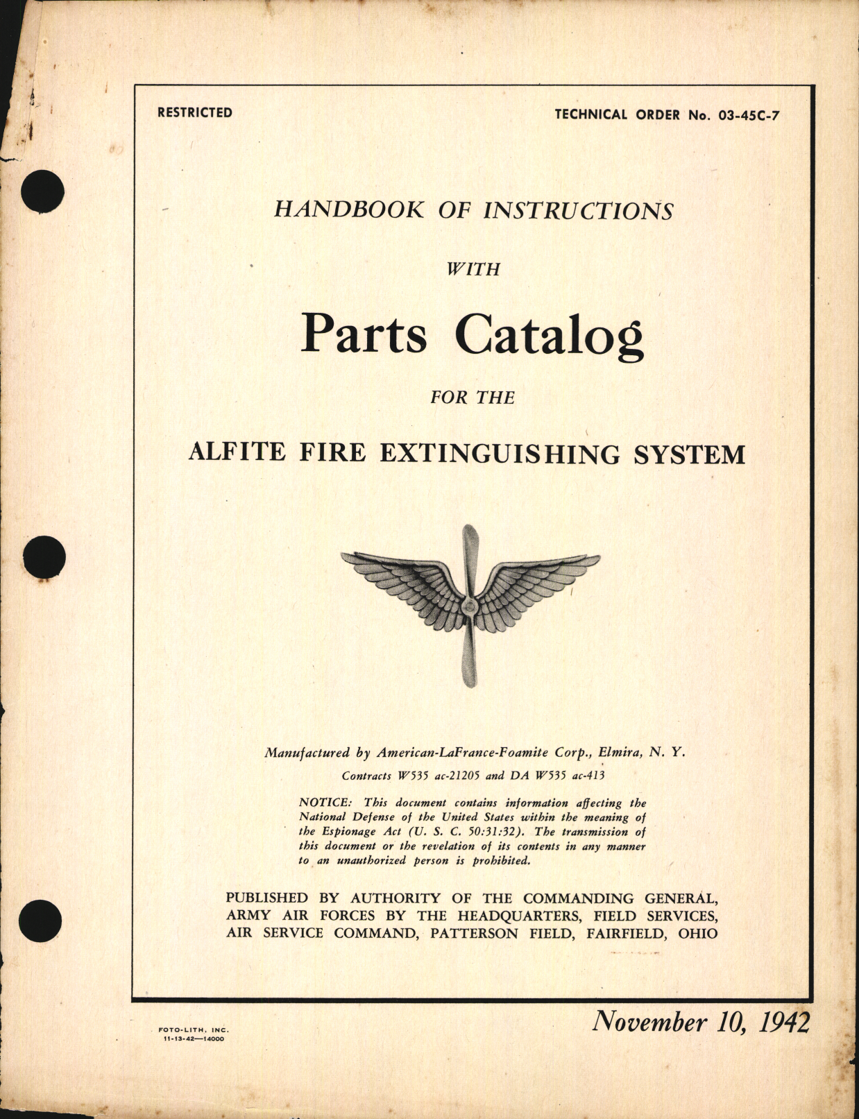 Sample page 1 from AirCorps Library document: Handbook of Instructions with Parts Catalog for the Alfite Fire Extinguishing System