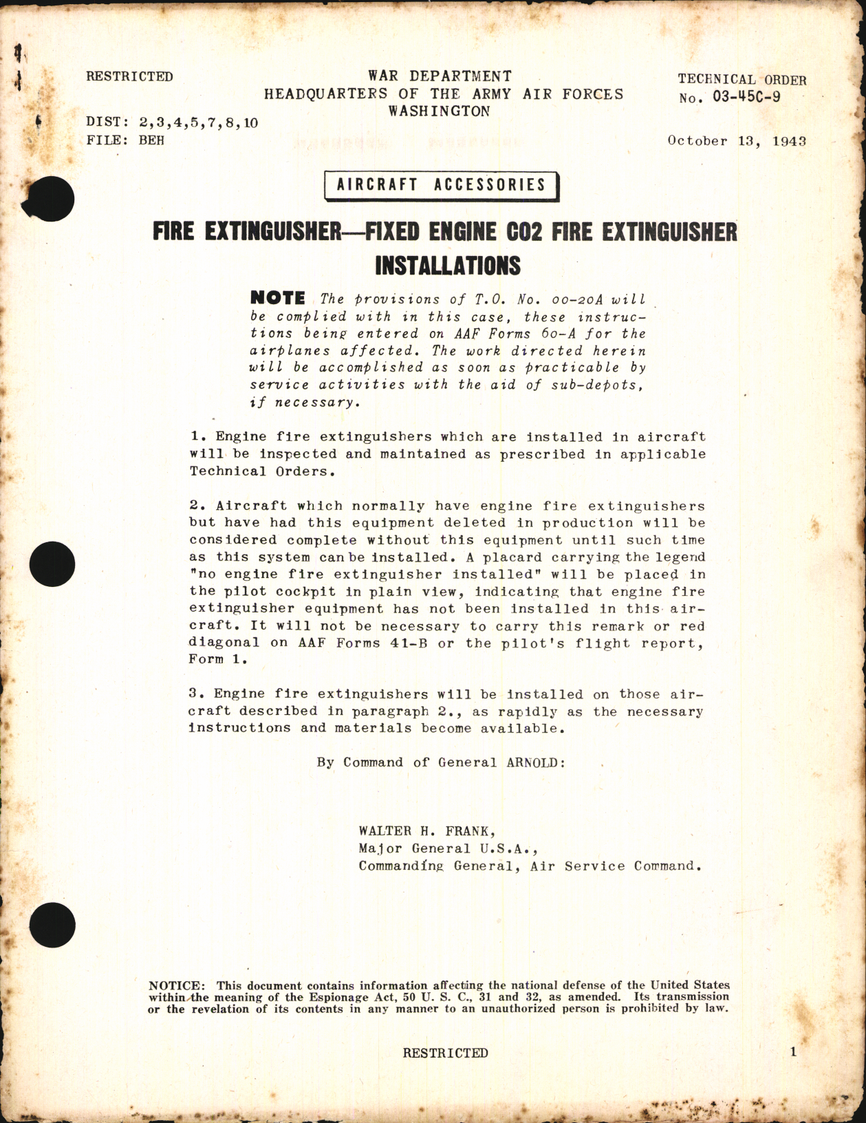 Sample page 1 from AirCorps Library document: Fixed Engine CO2 Fire Extinguisher Installations