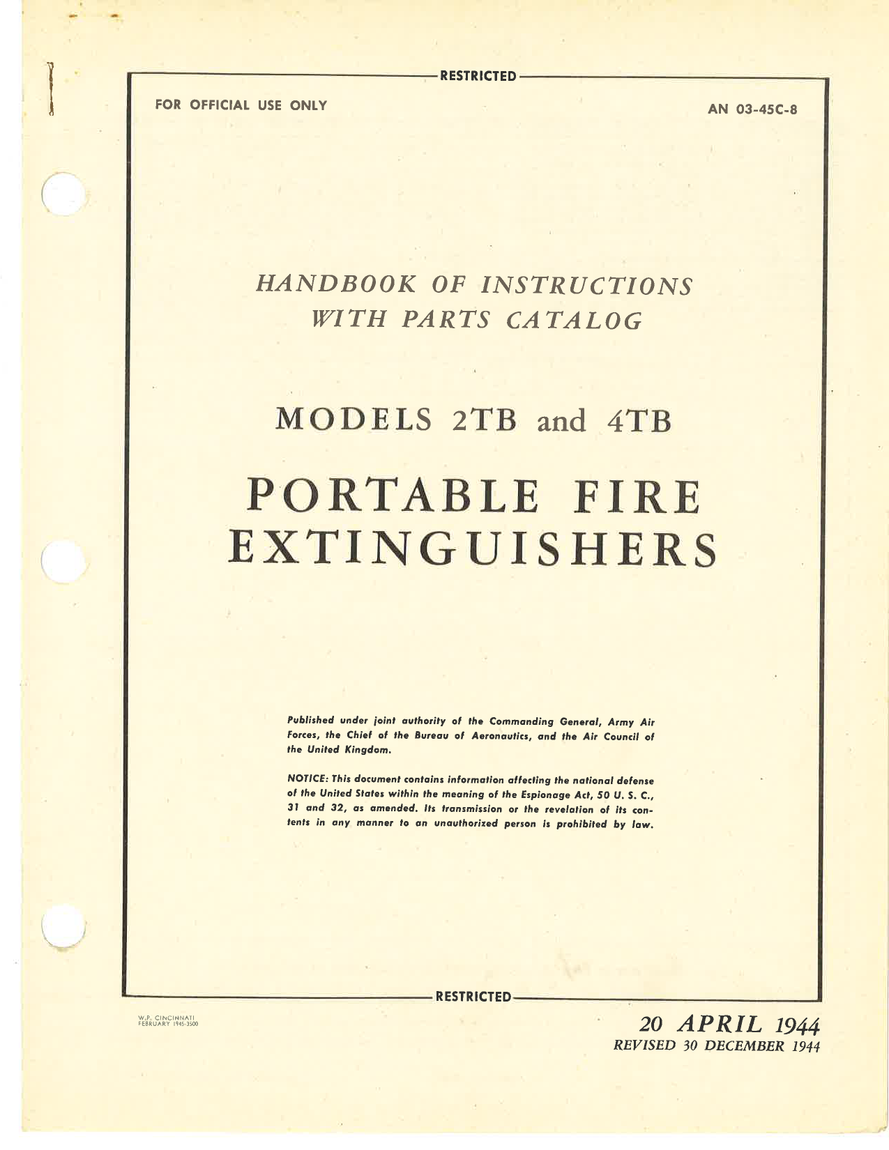 Sample page 1 from AirCorps Library document: Handbook of Instructions with Parts Catalog for 2TB and 4TB Portable Fire Extinguishers