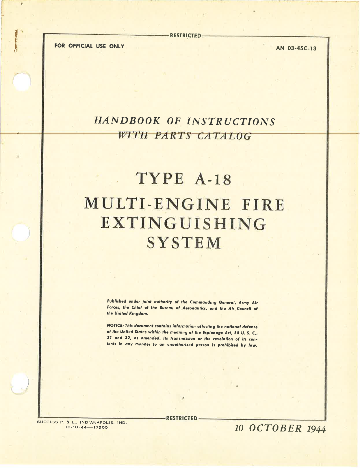 Sample page 1 from AirCorps Library document: Handbook of Instructions with Parts Catalog for A-18 Multi-Engine Fire Extinguishing System