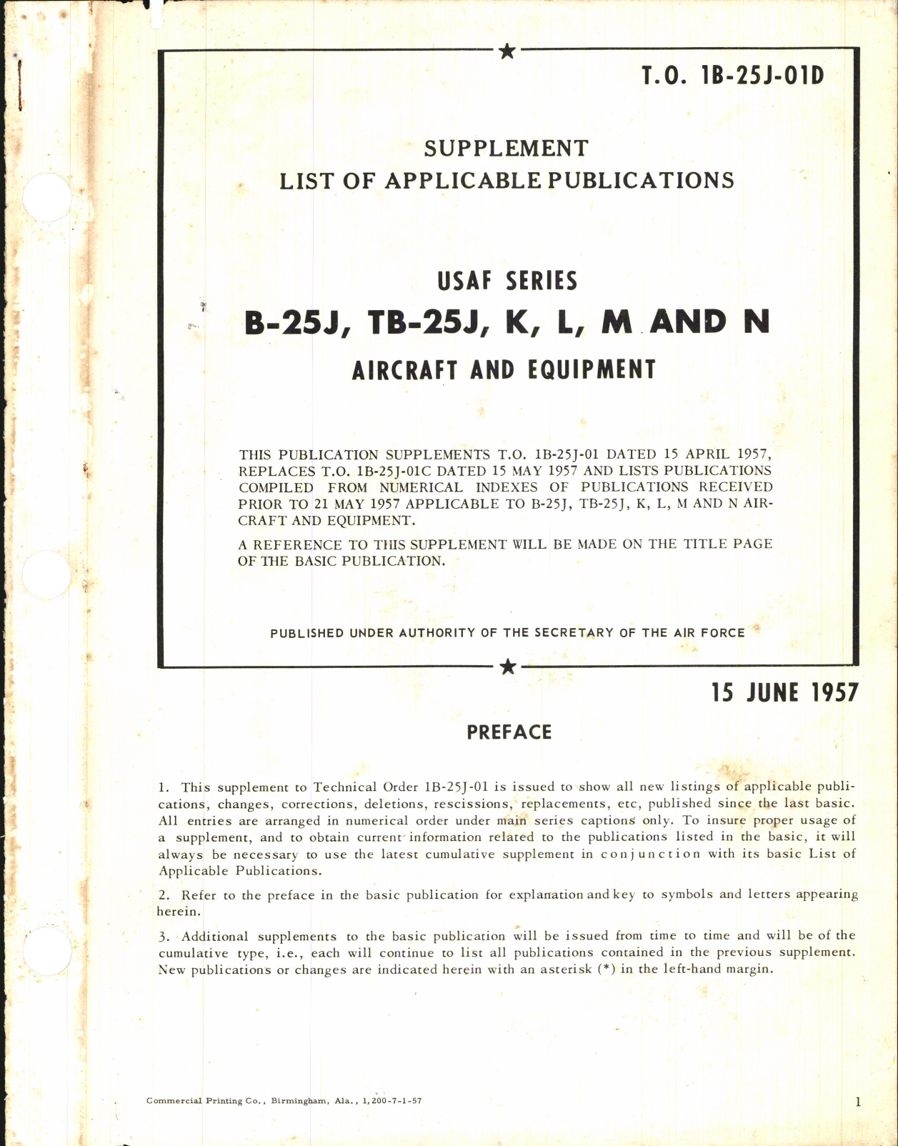 Sample page 1 from AirCorps Library document: Supplement List of Applicable Publications for B-25J, TB-25J, K, L, M, and N Aircraft & Equipment