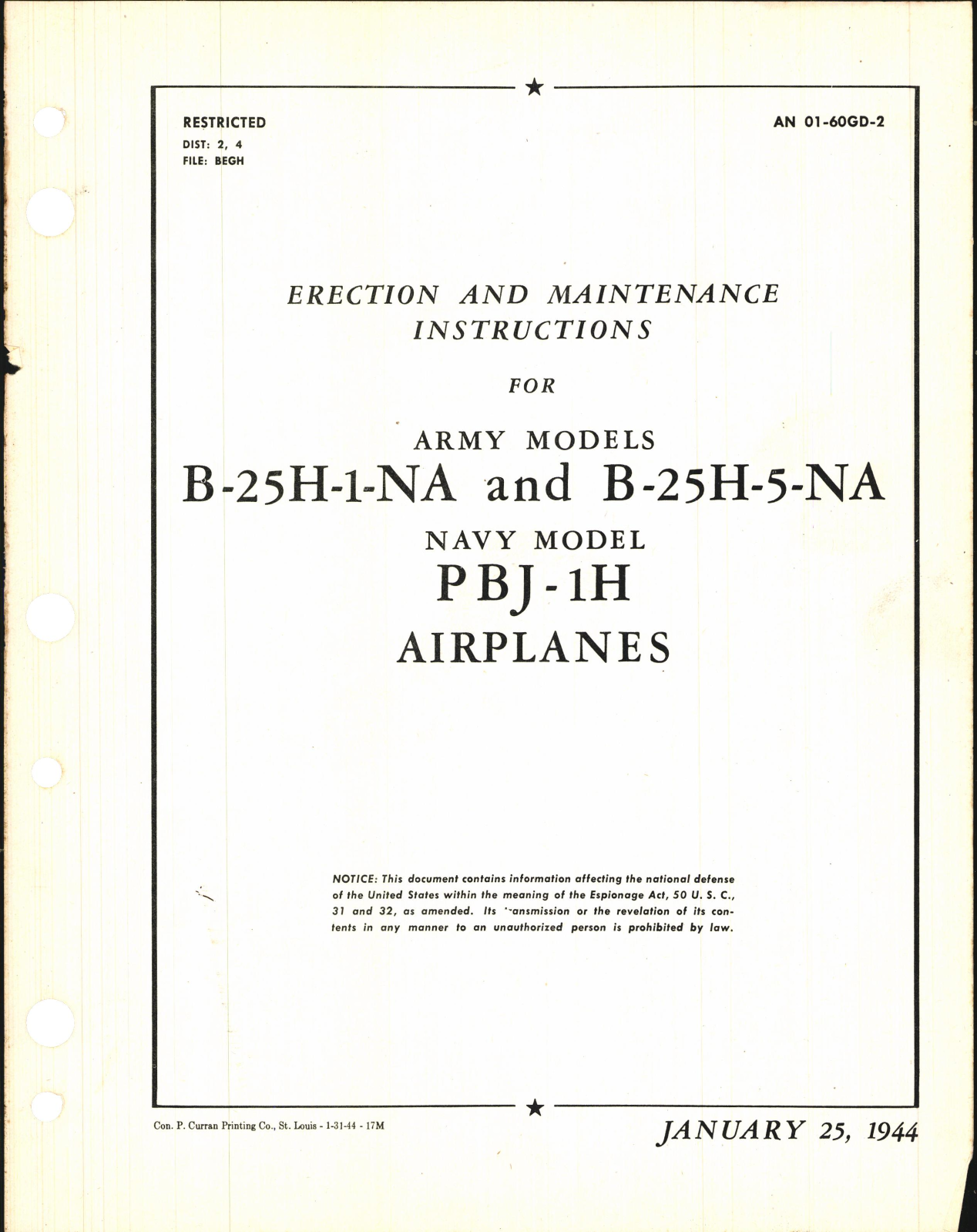 Sample page 1 from AirCorps Library document: Erection and Maintenance Instructions for B-25H-1-NA, B-25H-5-NA, and PBJ-1H Airplanes