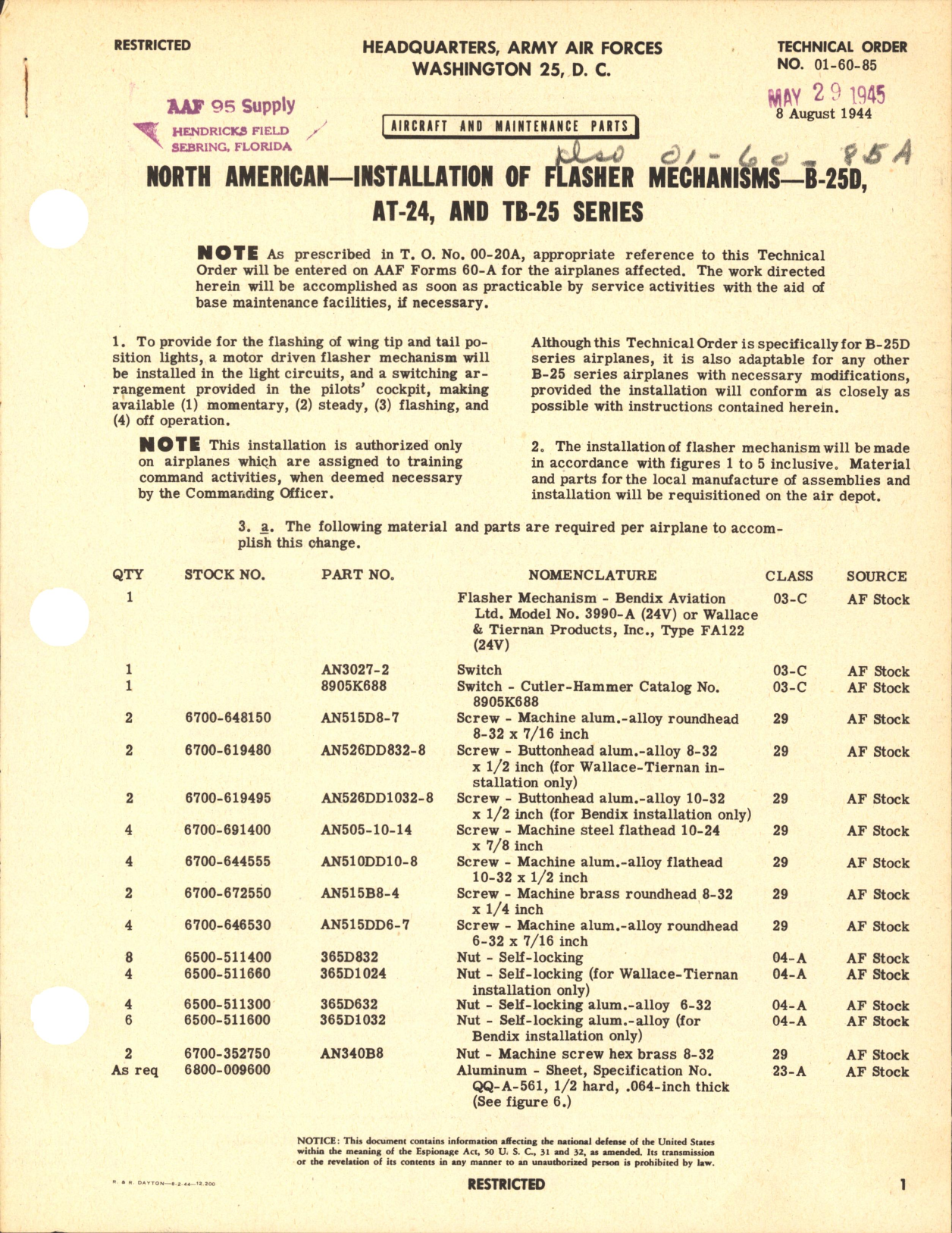 Sample page 1 from AirCorps Library document: Installation of Flasher Mechanisms for B-25D, AT-24, and TB-25 Series