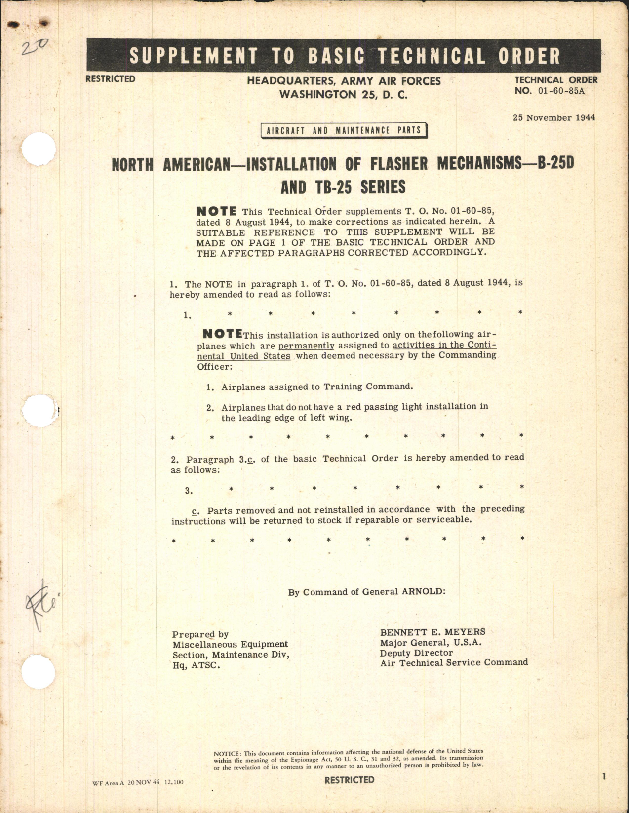 Sample page 1 from AirCorps Library document: Installation of Flasher Mechanisms for B-25D, AT-24, and TB-25 Series