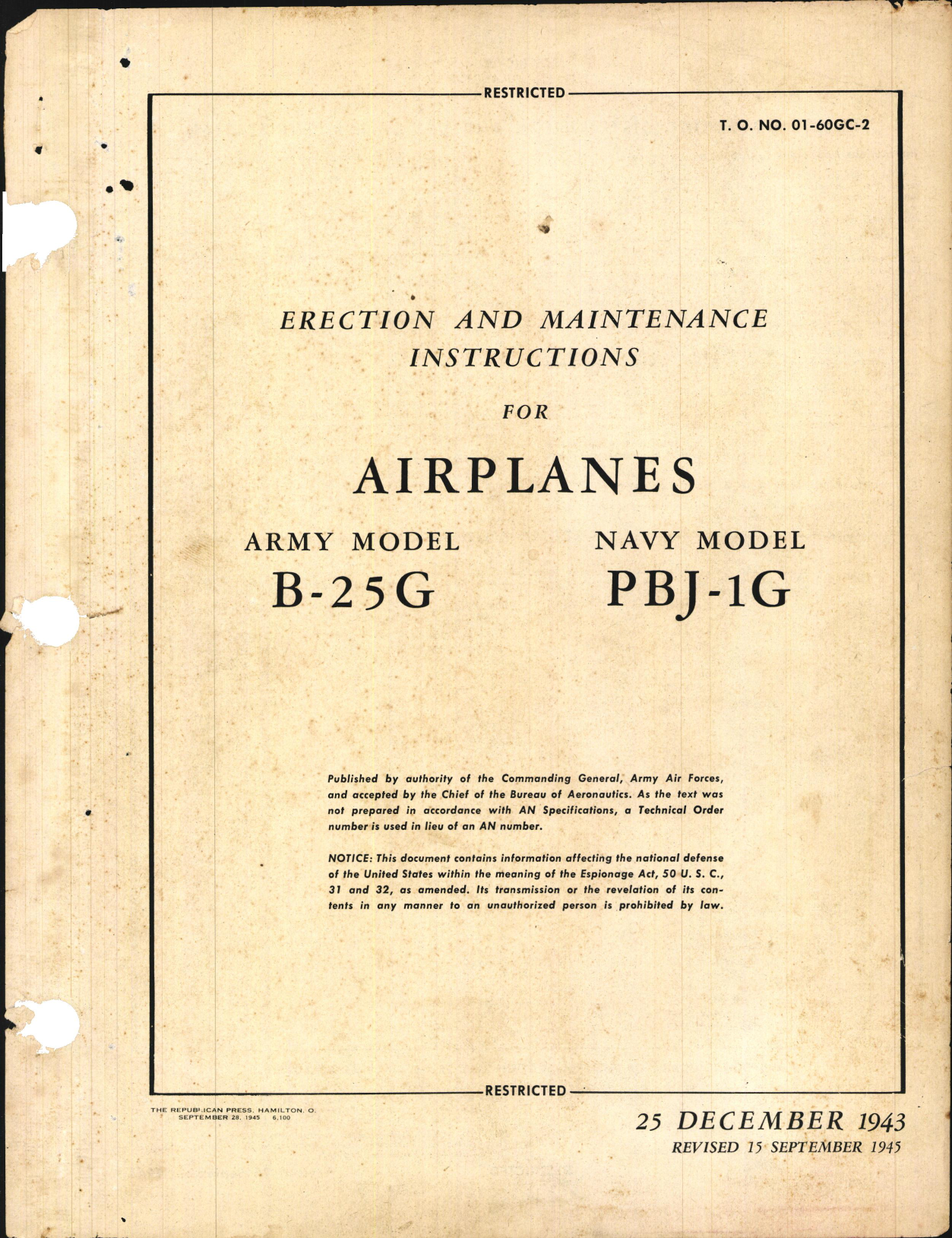 Sample page 1 from AirCorps Library document: Erection and Maintenance Instructions for B-25G and PBJ-1G Airplanes