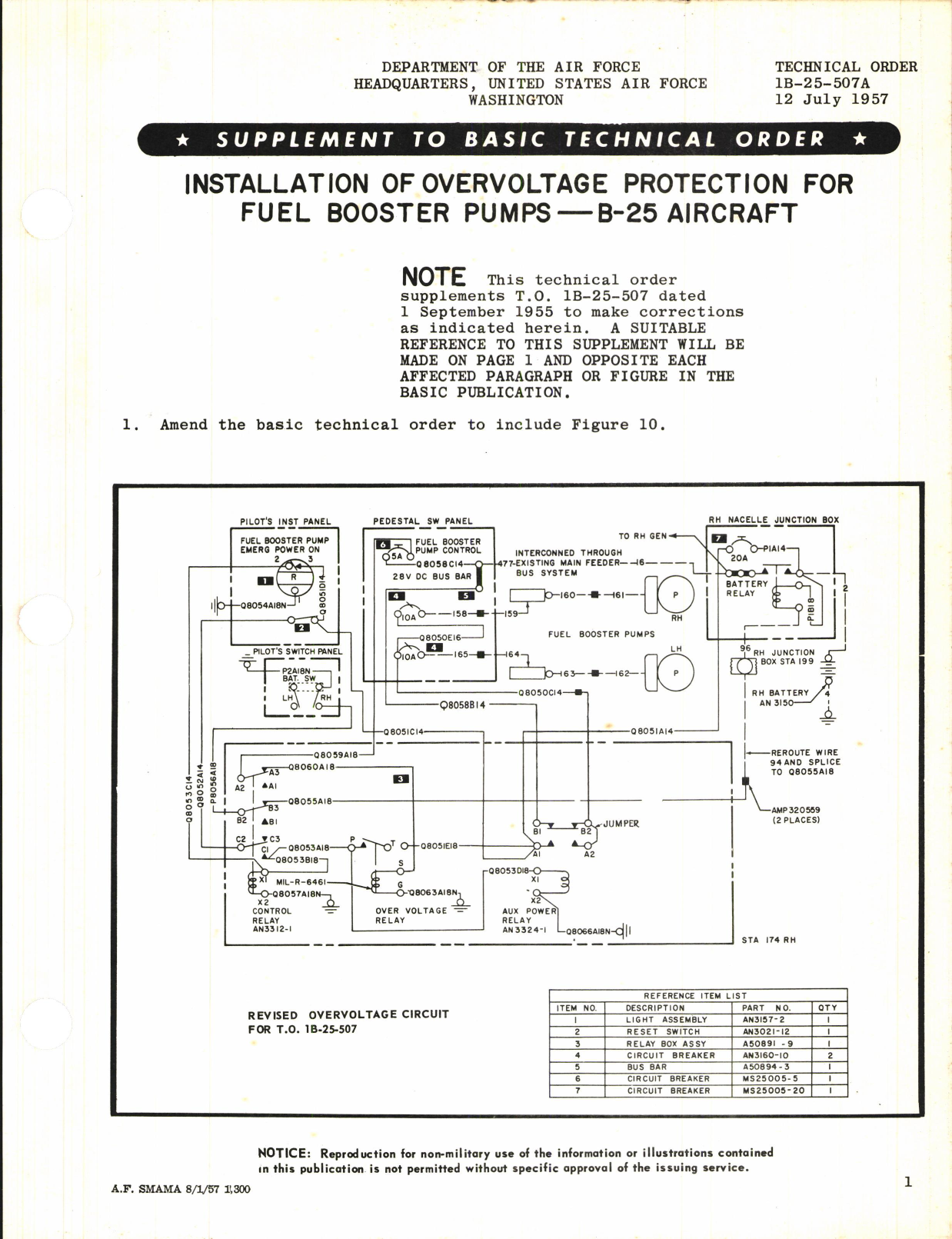Sample page 1 from AirCorps Library document: Installation of Overvoltage Protection for Fuel Booster Pumps for B-25 Aircraft