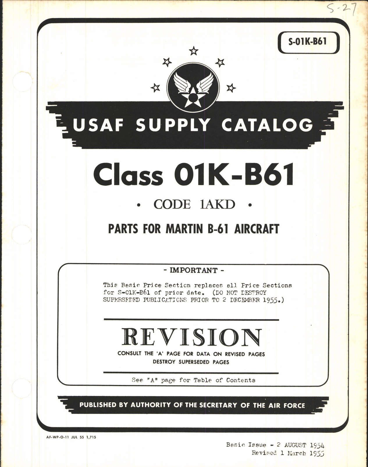 Sample page 1 from AirCorps Library document: Supply Catalog Parts for Martin B-61 Aircraft