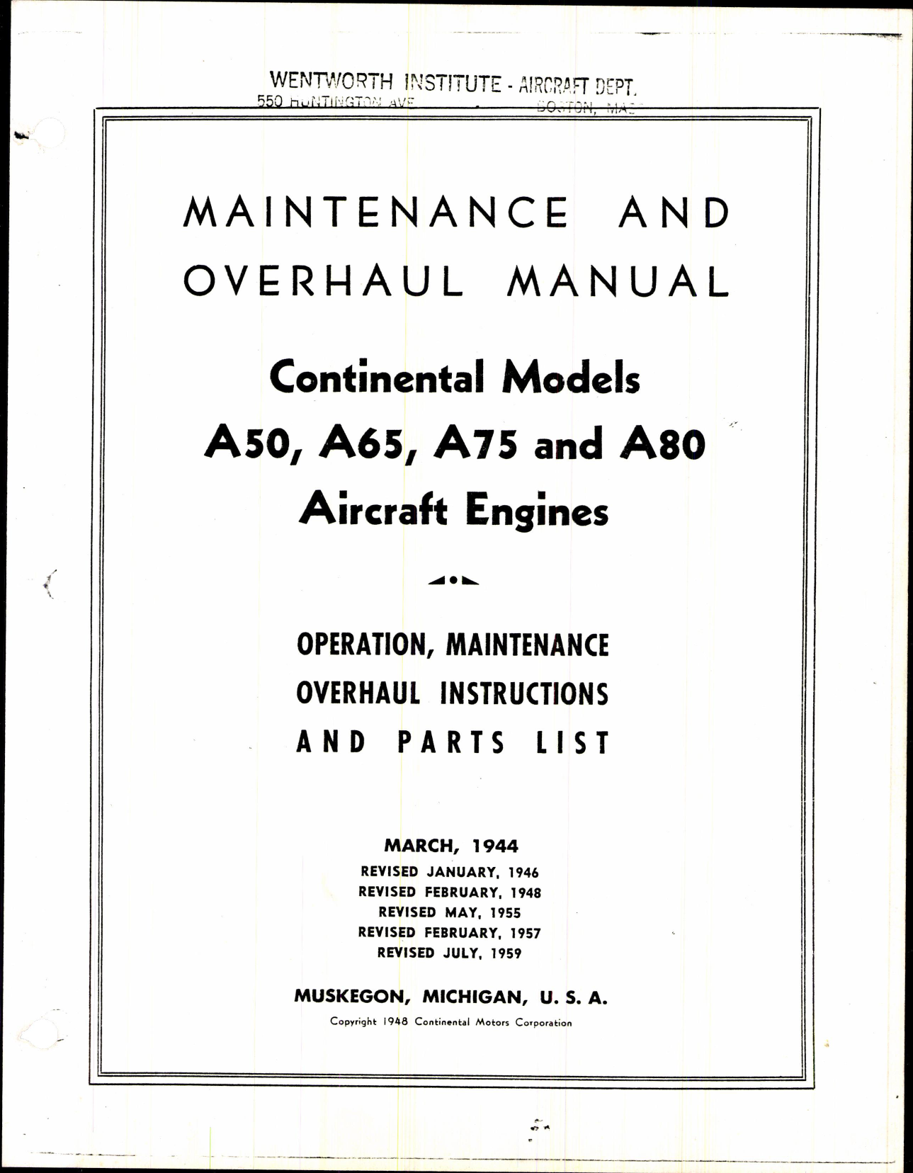 Sample page 1 from AirCorps Library document: Maintenance & Overhaul Manual for Continental Models A50