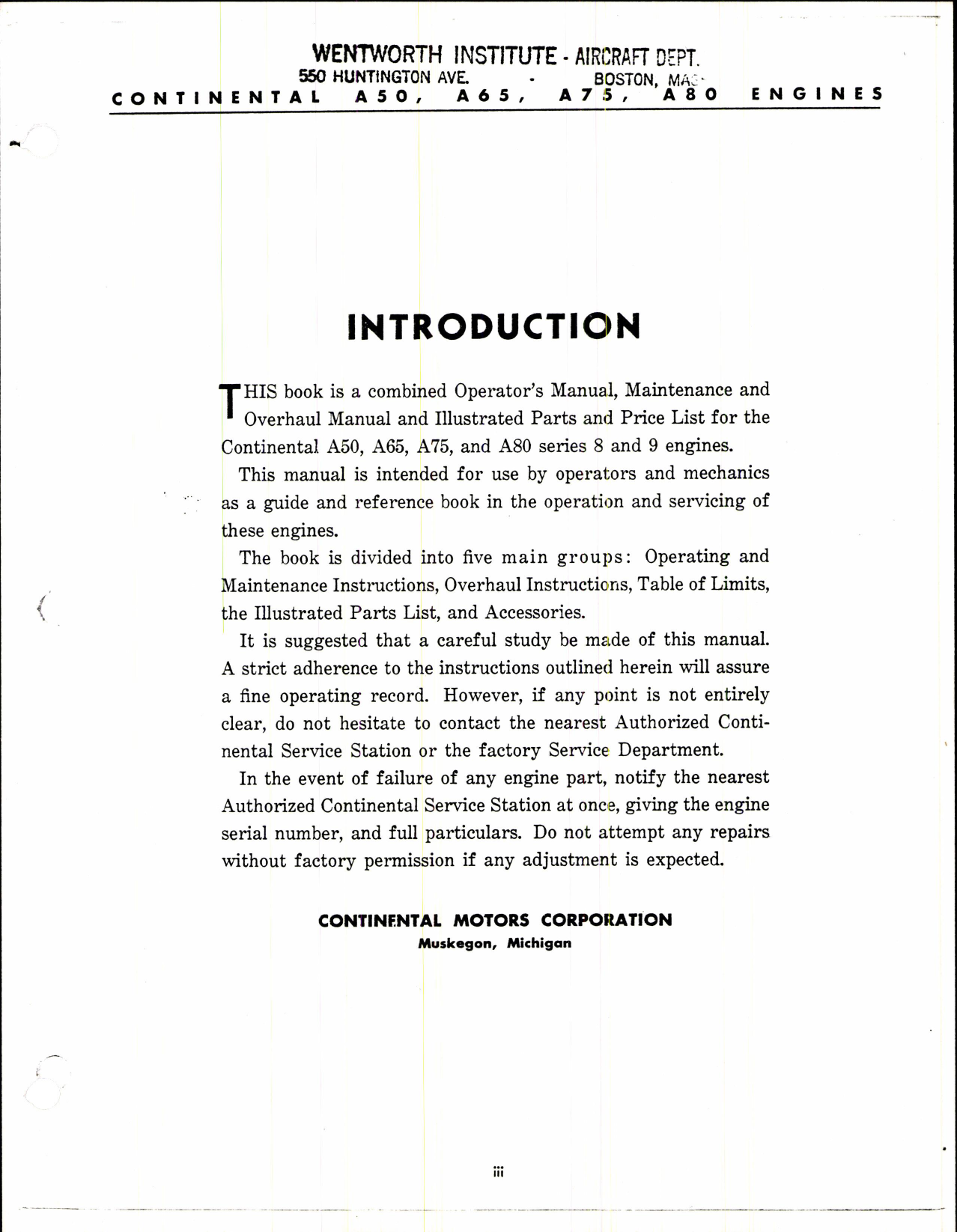 Sample page 2 from AirCorps Library document: Maintenance & Overhaul Manual for Continental Models A50