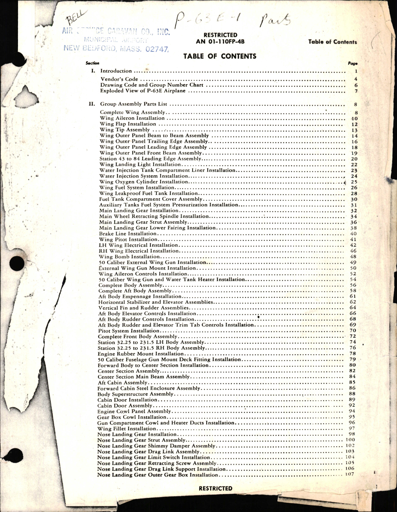 Sample page 1 from AirCorps Library document: Illustrated Parts Catalog for P-63E, WOTN