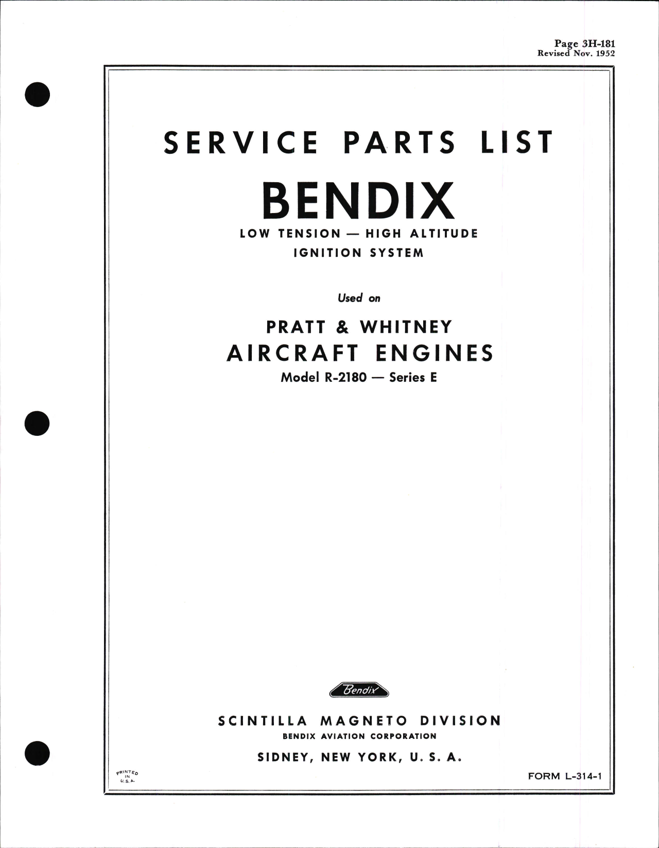 Sample page 1 from AirCorps Library document: Service Parts List for Bendix Low Tension - High Altitude Ignition used on Pratt & Whitney R-2180 E Series