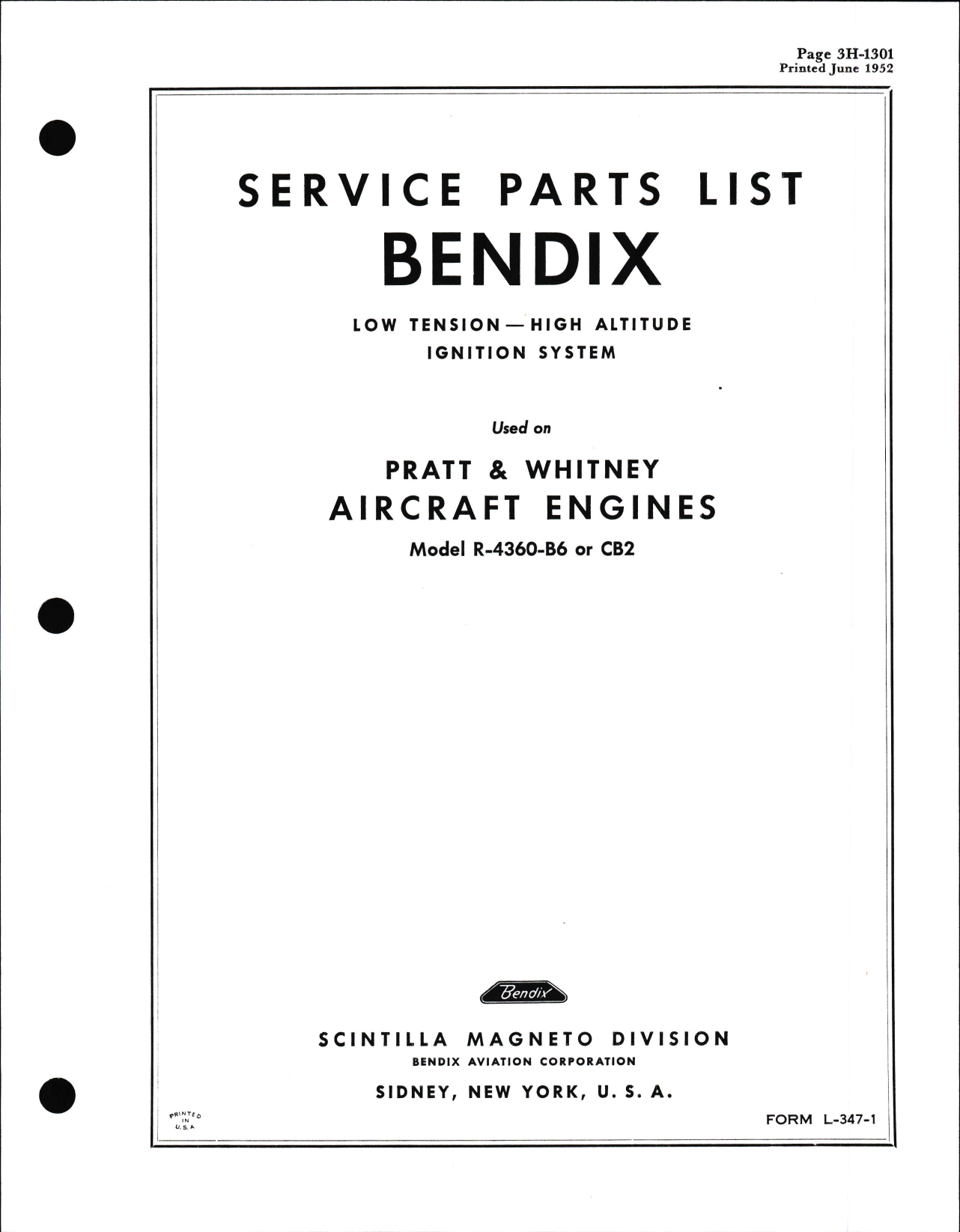 Sample page 1 from AirCorps Library document: Service Parts List for Bendix Low Tension - High Altitude Ignition for Pratt & Whitney R-4360-B6 or CB2