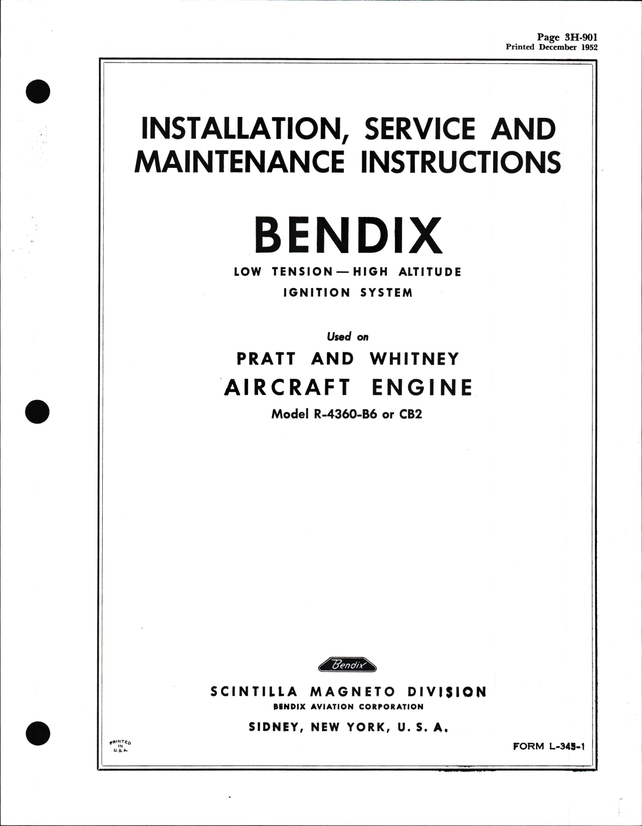 Sample page 1 from AirCorps Library document:  Installation, Service, & Maintenance Instructions for Bendix Low Tension - High Altitude Ignition System 