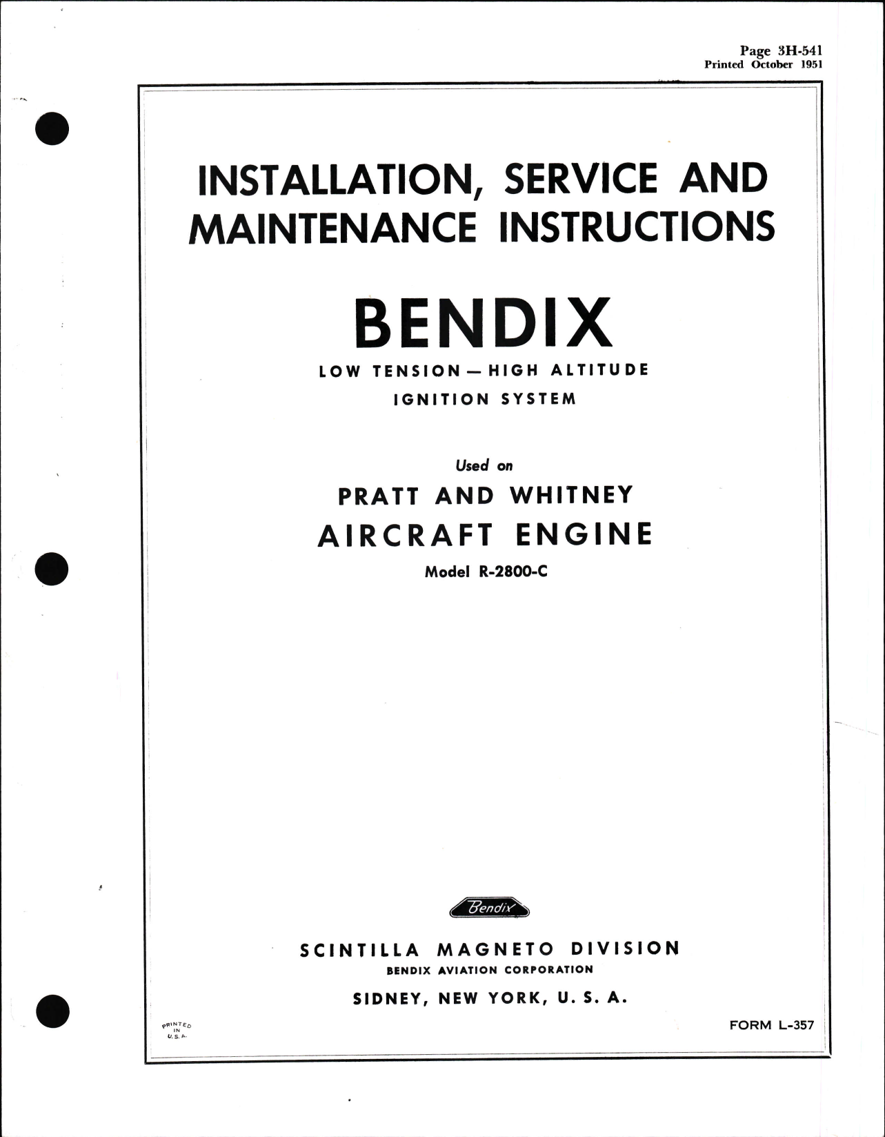 Sample page 1 from AirCorps Library document: Installation, Service, & Maintenance Instructions for Bendix Low Tension - High Altitude Ignition