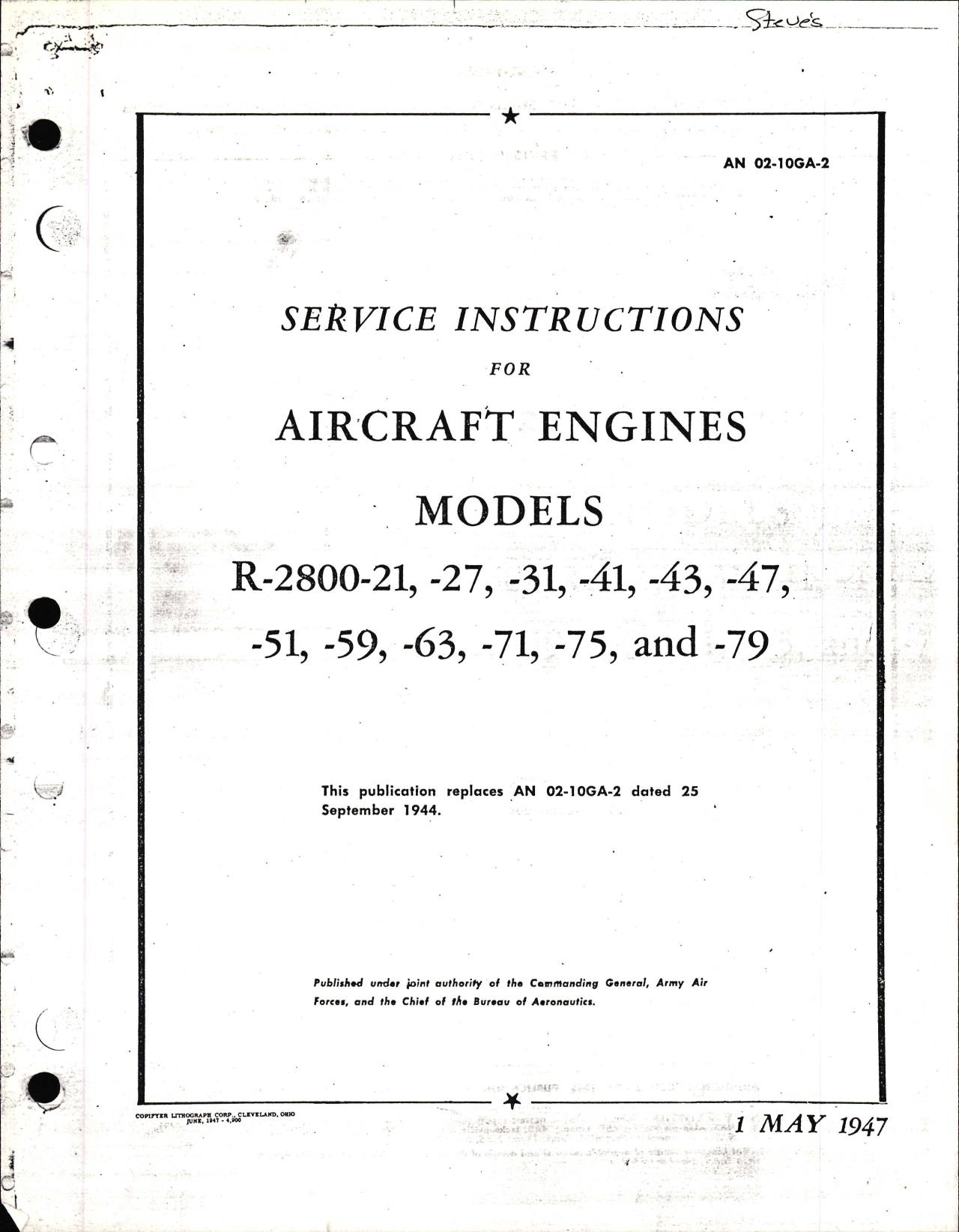 Sample page 1 from AirCorps Library document: Service Instructions for R-2800-21, -27, -31, -41, -43, -47, -51, -59, -63, -71, -75, and -79