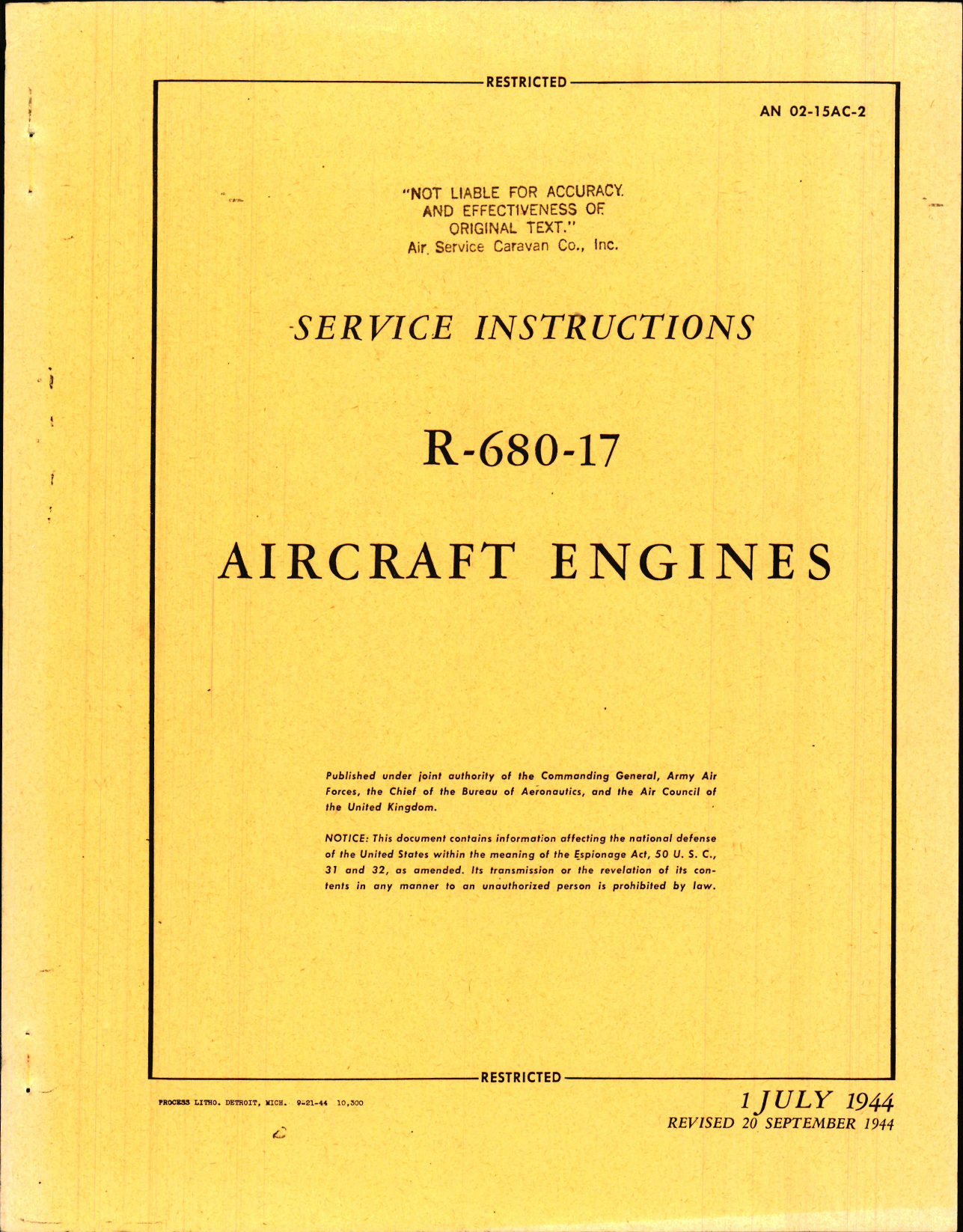 Sample page 1 from AirCorps Library document: Service Instructions for R-680-17 Engines