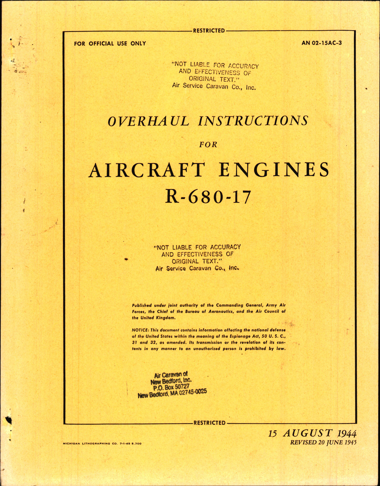 Sample page 1 from AirCorps Library document: Overhaul Instructions for R-680-17 Engines