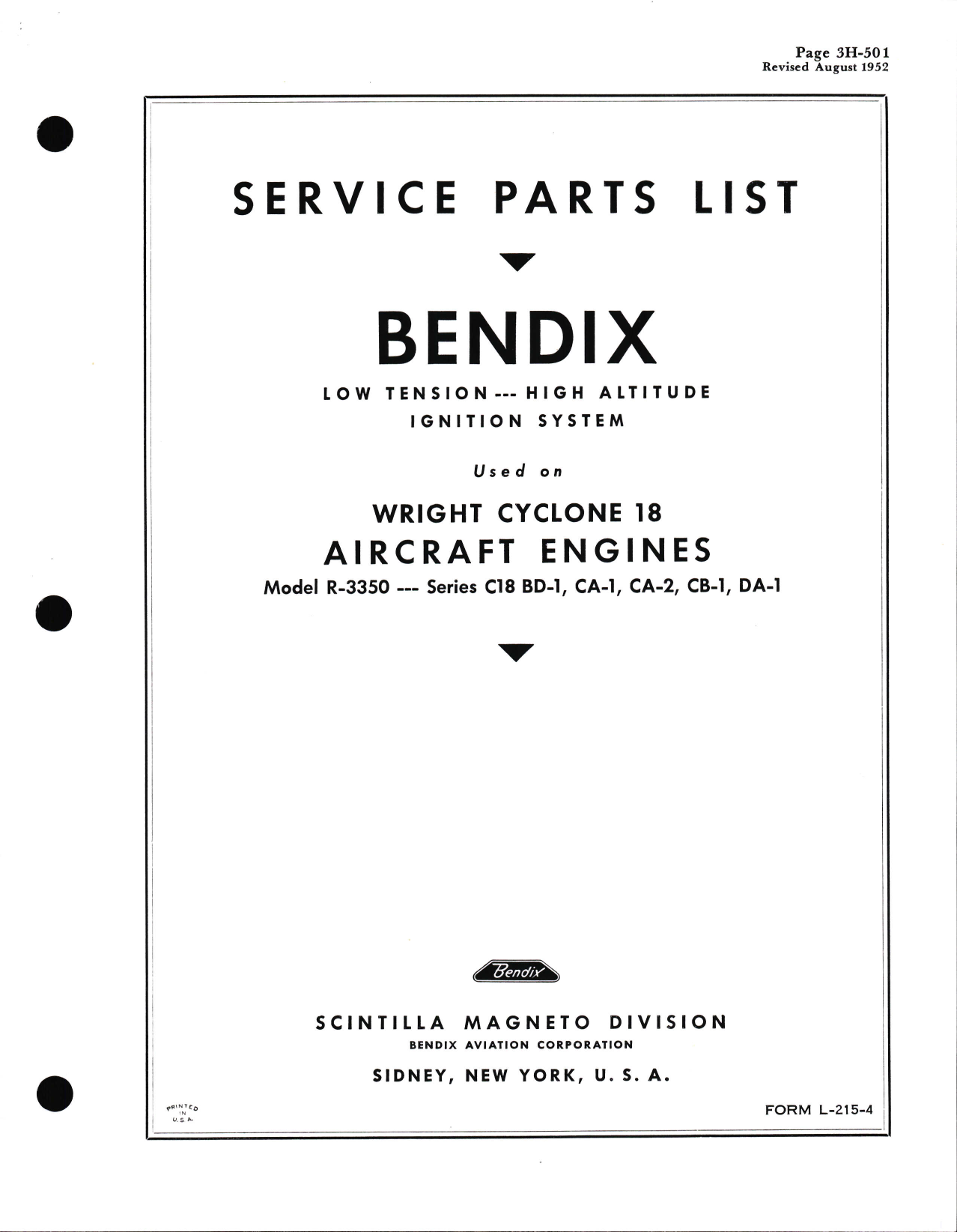 Sample page 1 from AirCorps Library document: Service Parts List for Bendix Low Tension - High Altitude Ignition for Wright R-3350