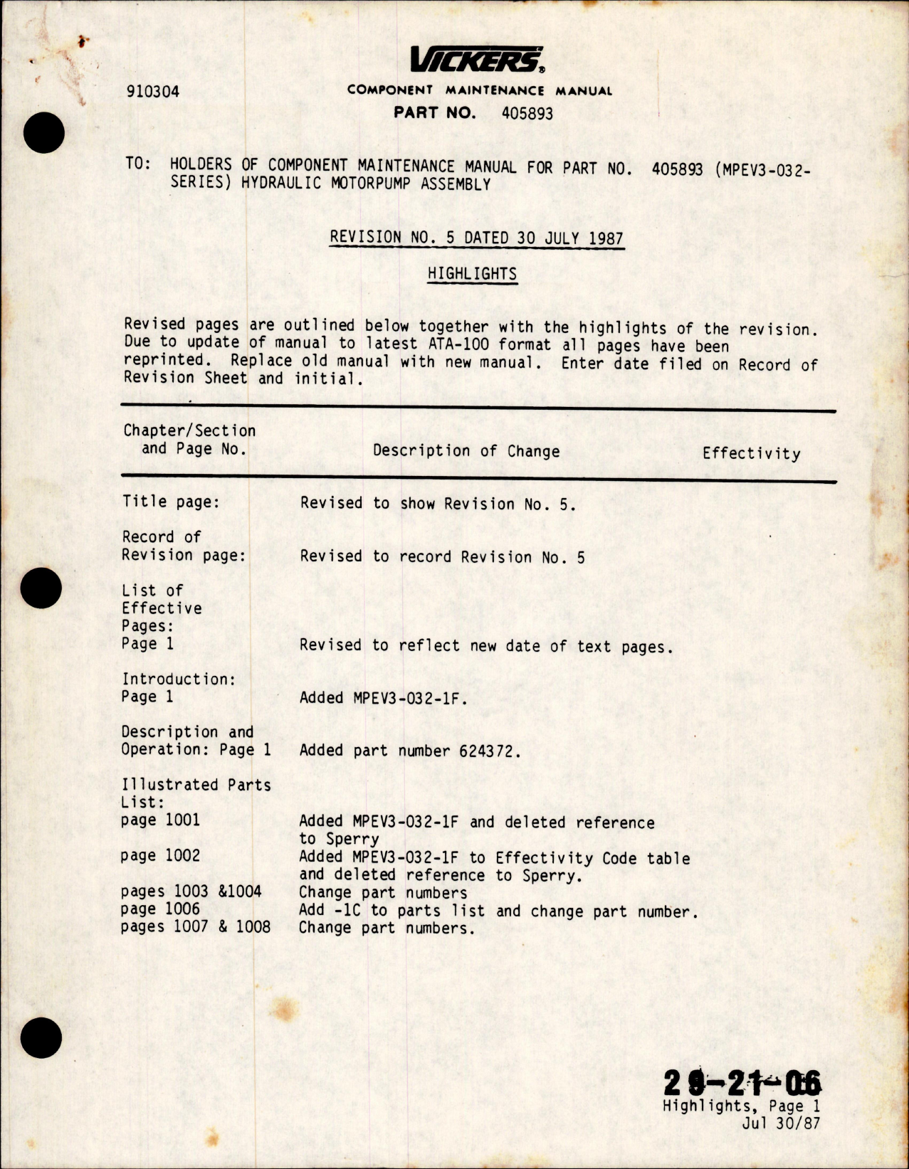 Sample page 1 from AirCorps Library document: Maintenance with Illustrated Parys List for Hydraulic Motorpump Assembly - Part 405893 - Revision No. 5 