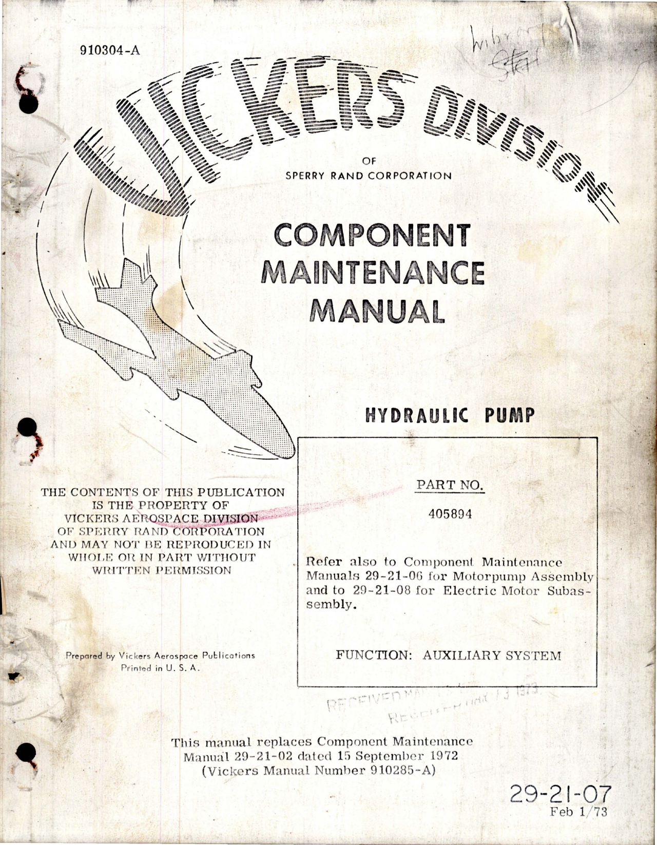 Sample page 1 from AirCorps Library document: Component Maintenance Manual for Hydraulic Pump - Part 405894 