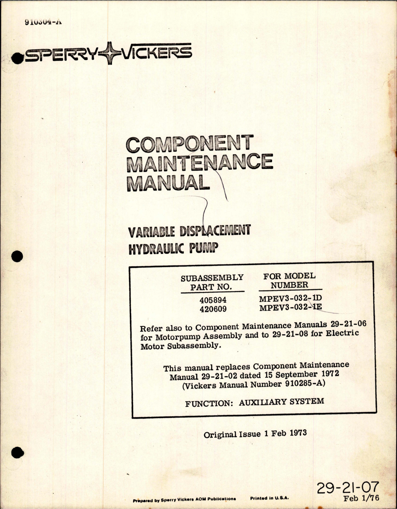 Sample page 1 from AirCorps Library document: Component Maintenance Manual for Variable Displacement Hydraulic Pump - Part 405894 and 420609