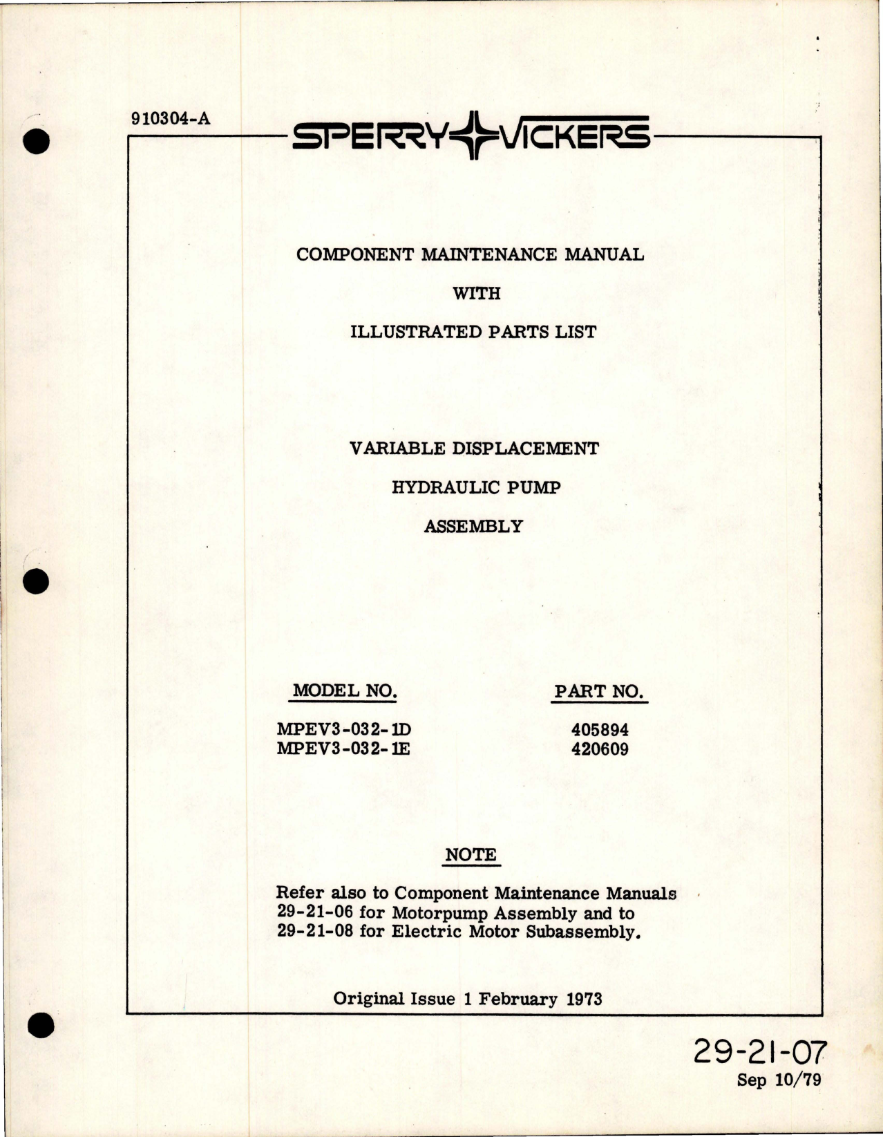 Sample page 1 from AirCorps Library document: Component Maintenance Manual with Illustrated Parts List for Hydraulic Pump -Part 405894 and 420609 