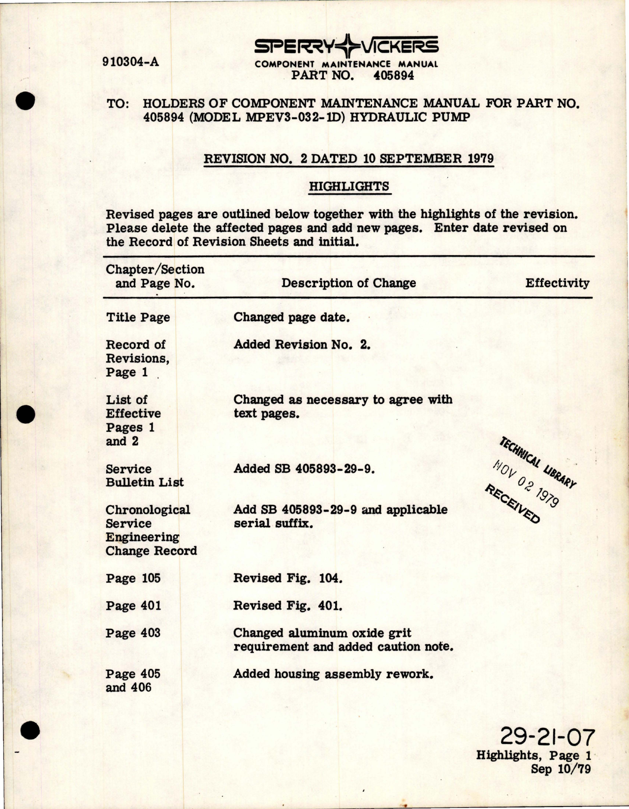 Sample page 1 from AirCorps Library document: Component Maintenance Manual for Hydraulic Pump - Part 405894 - Revision No. 2 