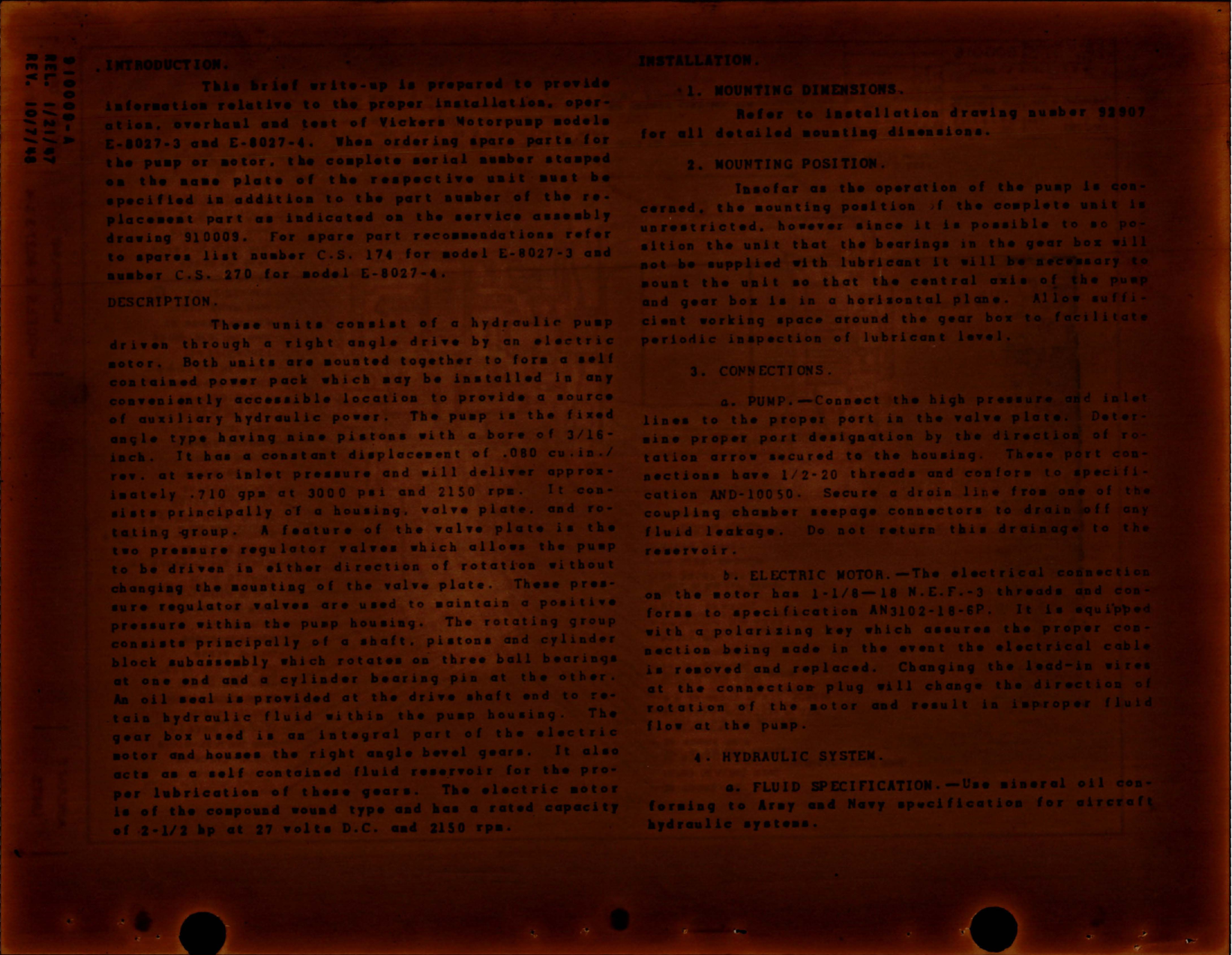 Sample page 1 from AirCorps Library document: Operation and Overhaul Instructions for Hydraulic Motorpump Models E-8027-3 and E-8027-4