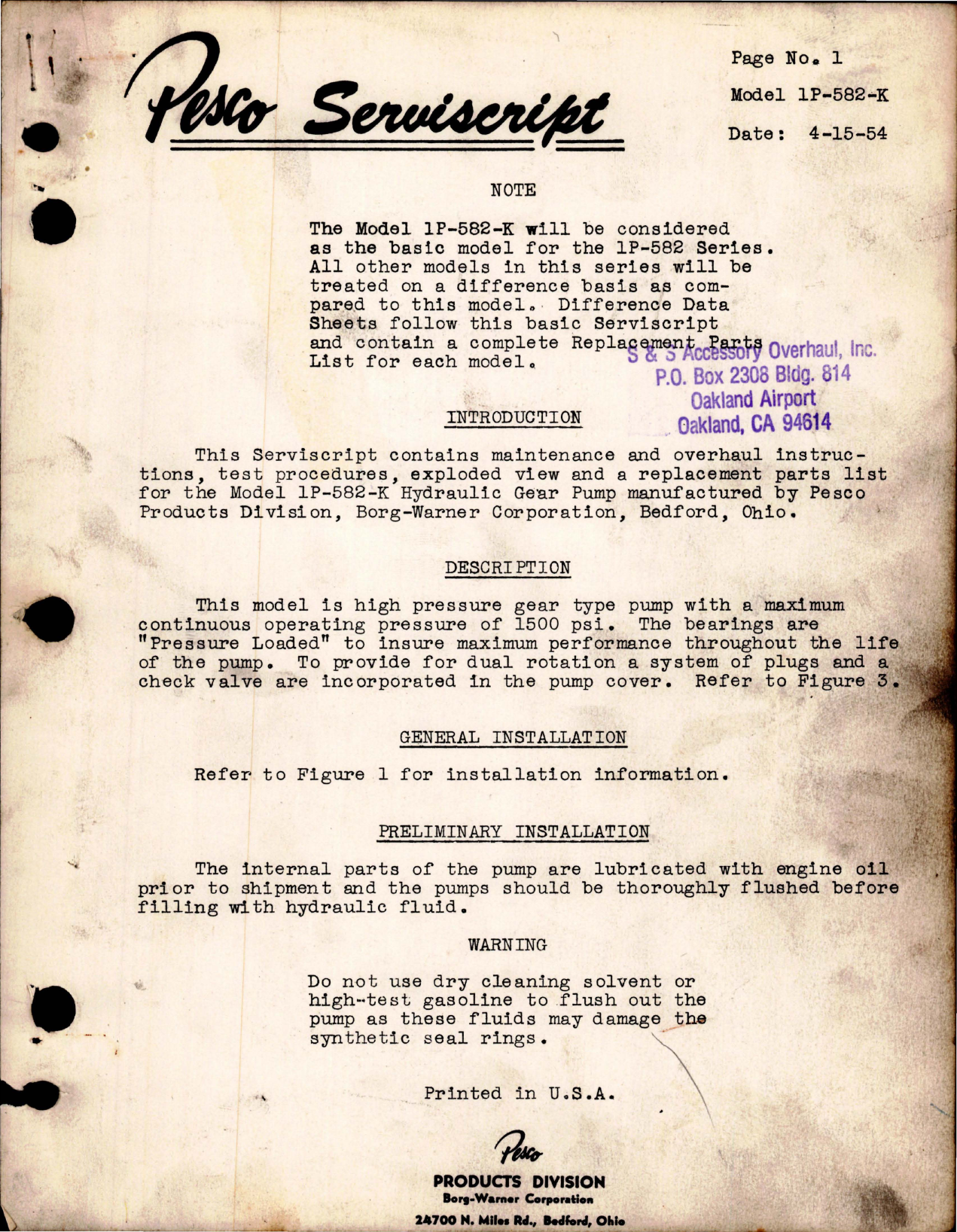 Sample page 1 from AirCorps Library document: Maintenance and Overhaul Instructions w Parts List for Hydraulic Gear Pump - Model 1P-582-K