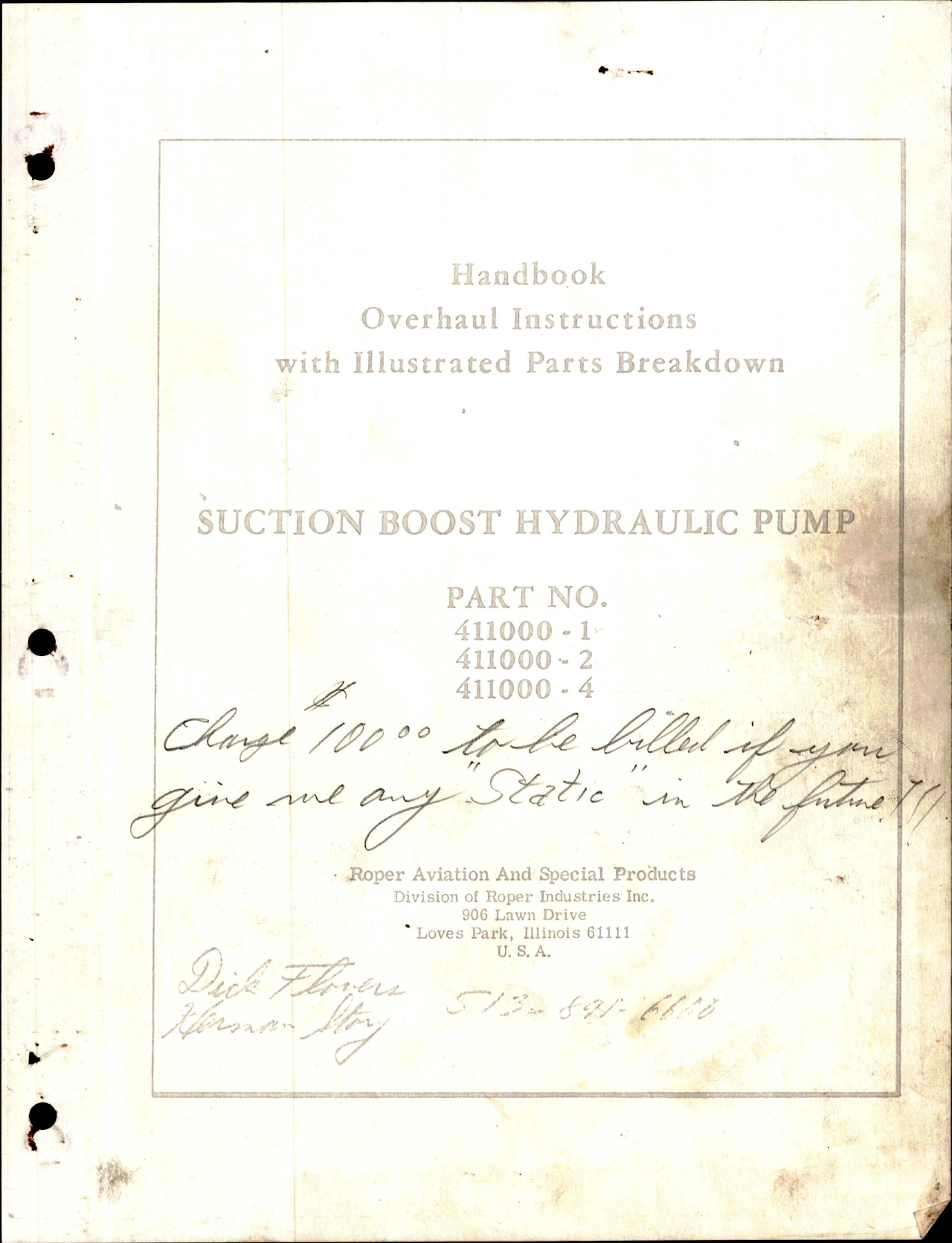 Sample page 1 from AirCorps Library document: Overhaul Instructions with Illustrated Parts Breakdown for Suction Boost Hydraulic Pump - Parts: 411000-1, 411000-2 and 411000-4