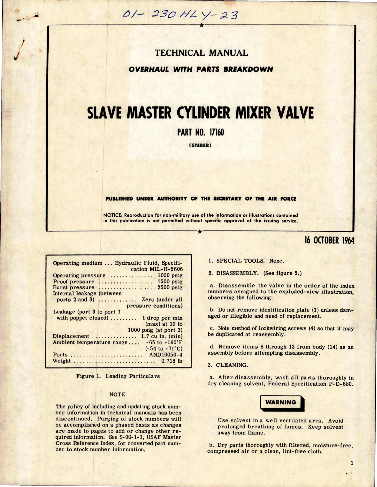 Sample page 1 from AirCorps Library document: Overhaul with Parts Breakdown for Slave Master Cylinder Mixer Valve - Part 17160 