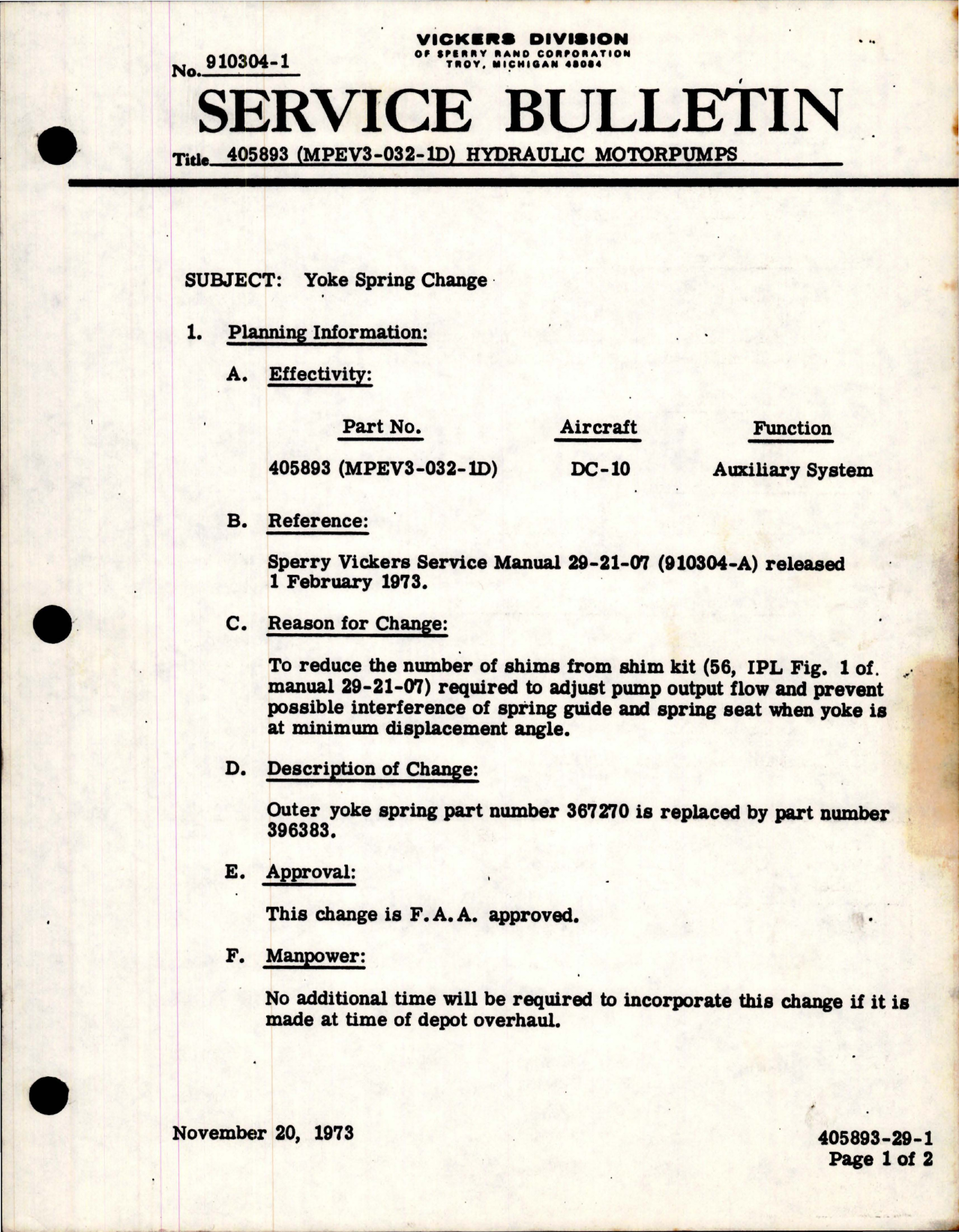 Sample page 1 from AirCorps Library document: Hydraulic Motorpump - Yoke Spring Change - Part 405893 - Model MPEV3-32-1D