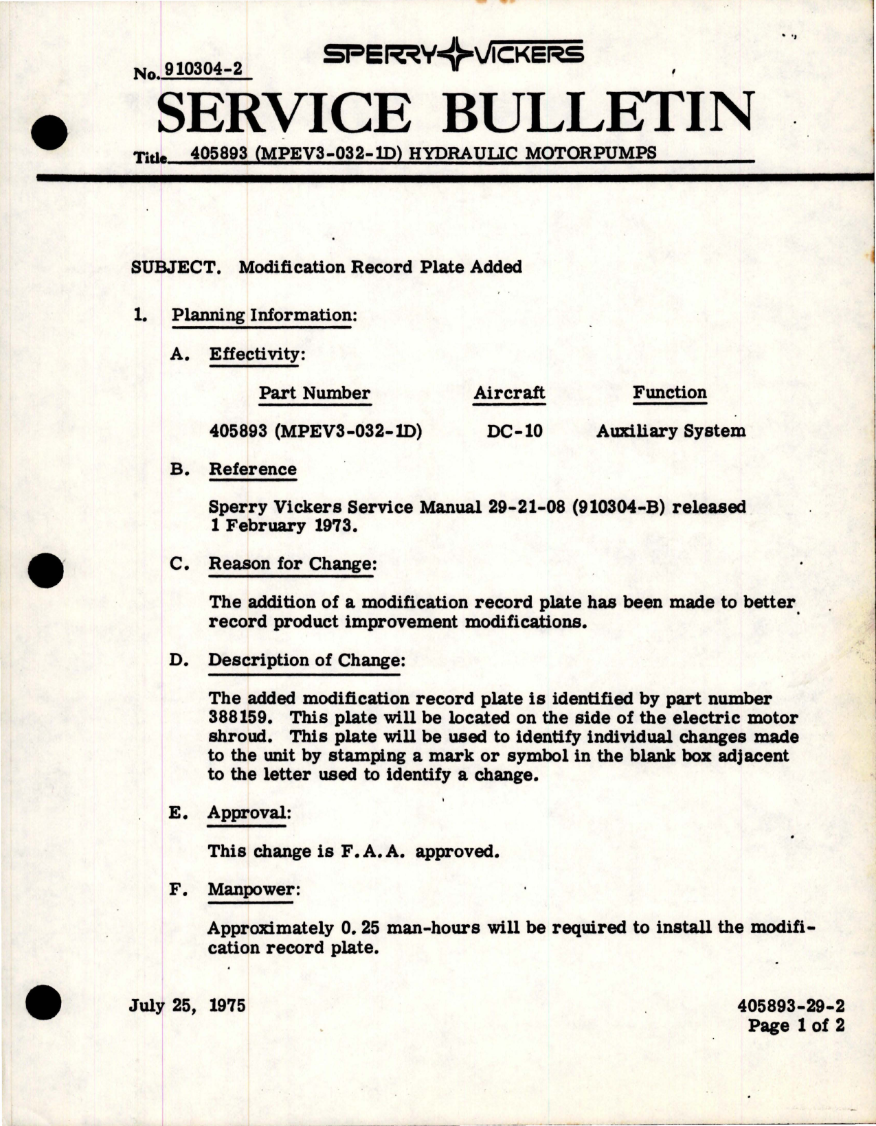 Sample page 1 from AirCorps Library document: Hydraulic Motorpump - Modification Record Plate Added - Part 405893 - Model MPEV3-032-1D