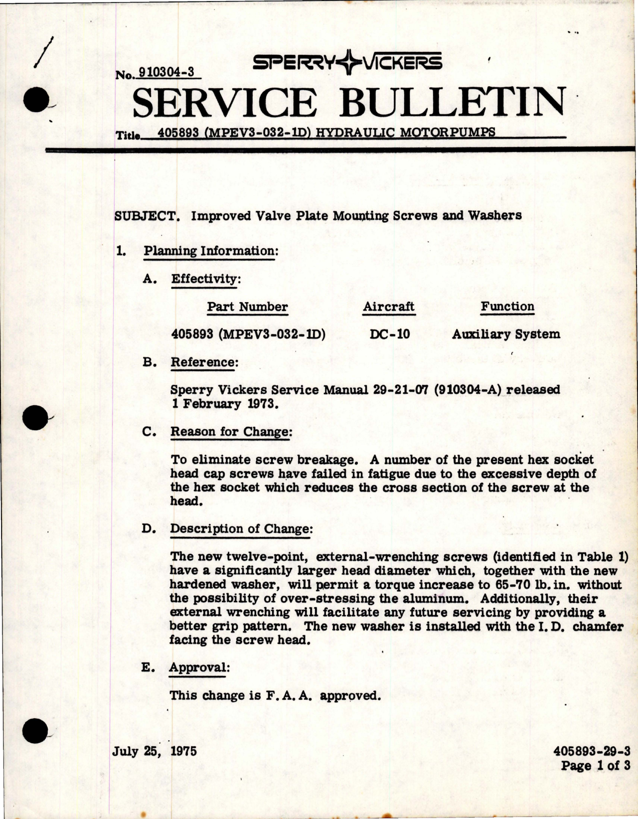 Sample page 1 from AirCorps Library document: Hydraulic Motorpump - Improved Valve Plate Mounting Screws and Washers - Part 405893 - Model MPEV3-032-1D