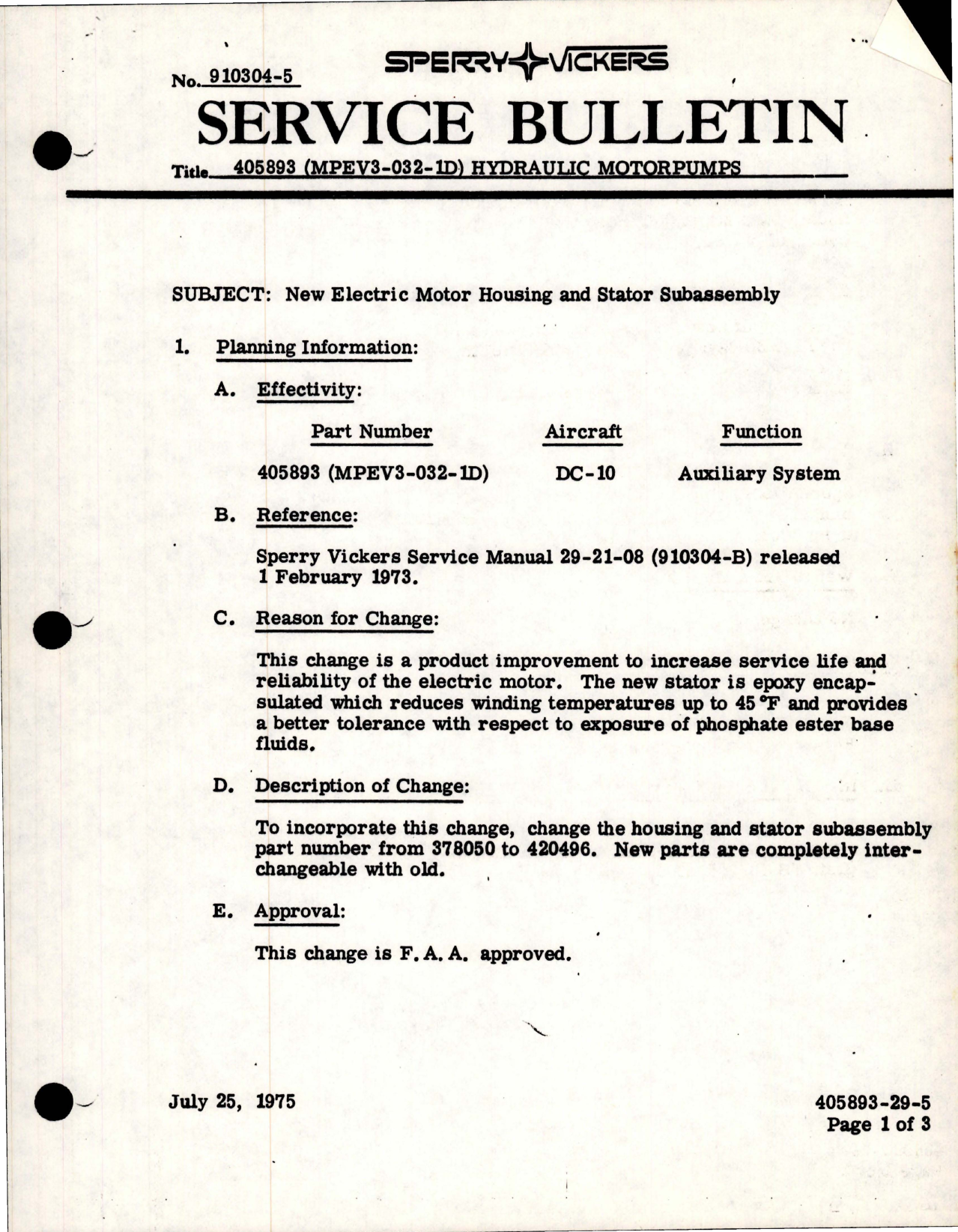 Sample page 1 from AirCorps Library document: Hydraulic Motorpump - New Electric Motor Housing and Stator Subassembly - Part 405893 - Model MPEV3-032-1D