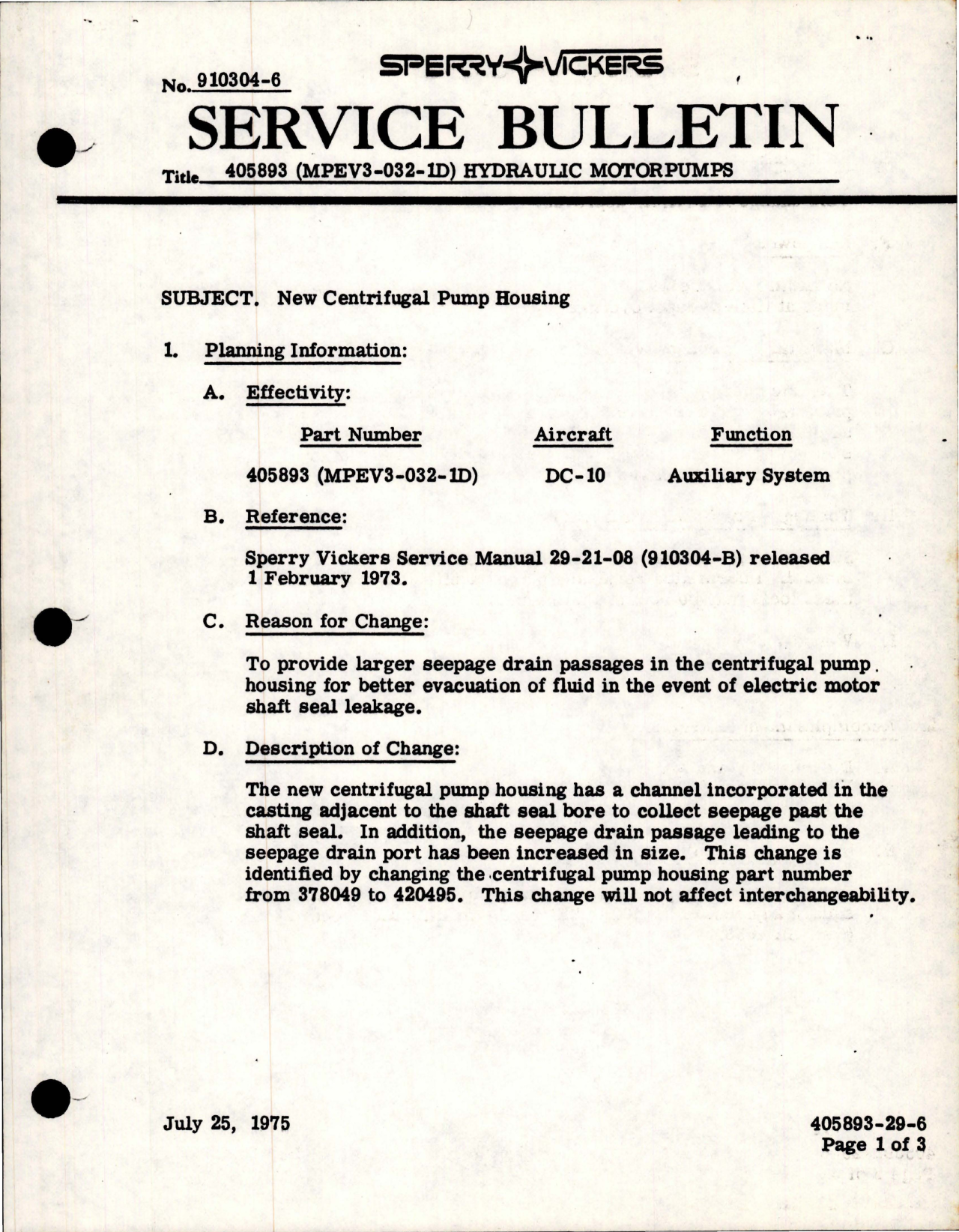 Sample page 1 from AirCorps Library document: Hydraulic Motorpumps - New Centrifugal Pump Housing - Part 405893 - Model MPEV3-032-1D