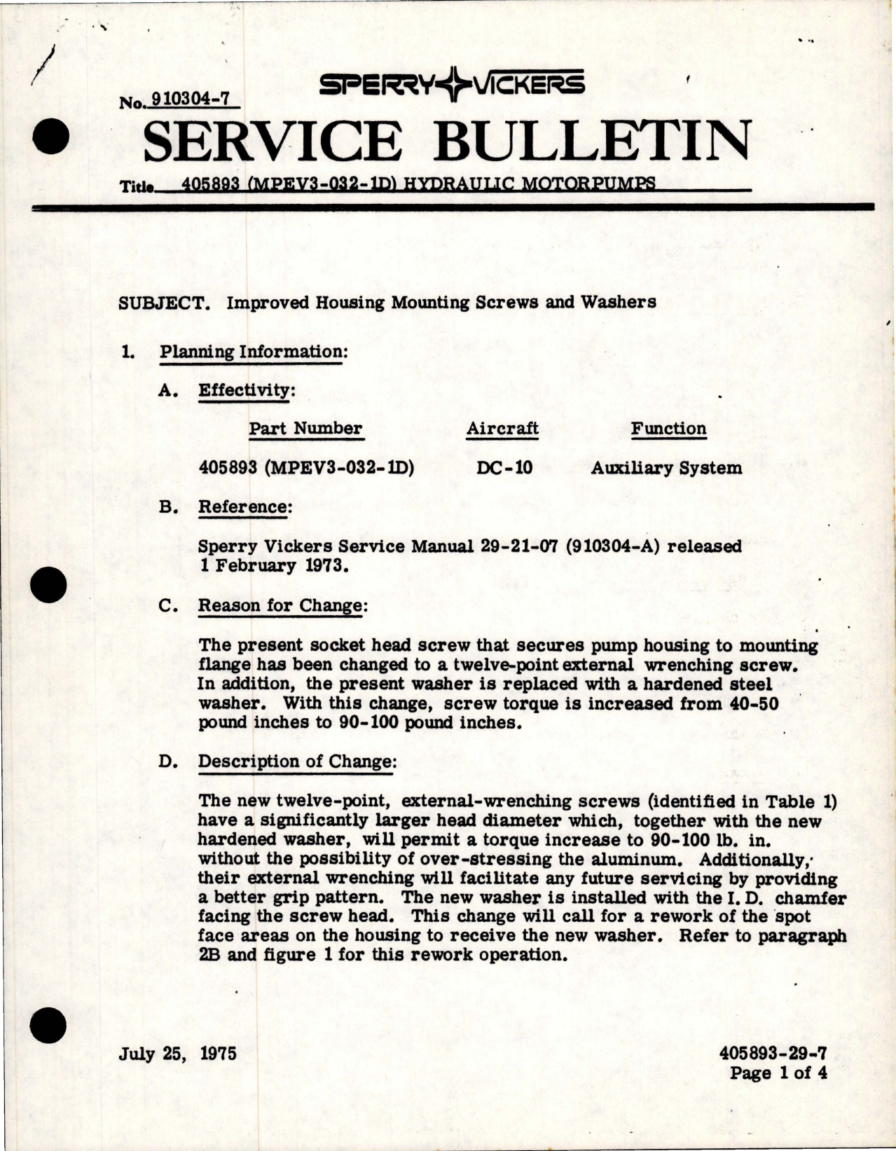 Sample page 1 from AirCorps Library document: Hydraulic Motorpumps - Improved Housing Mounting Screws and Washers - Part 405893 - Model MPEV3-032-1D